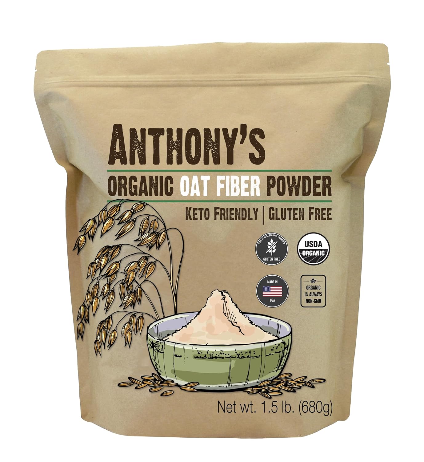 Anthony's Organic Oat Fiber, 1.5 lb, Gluten Free, Non GMO, Keto Friendly, Product of the USA