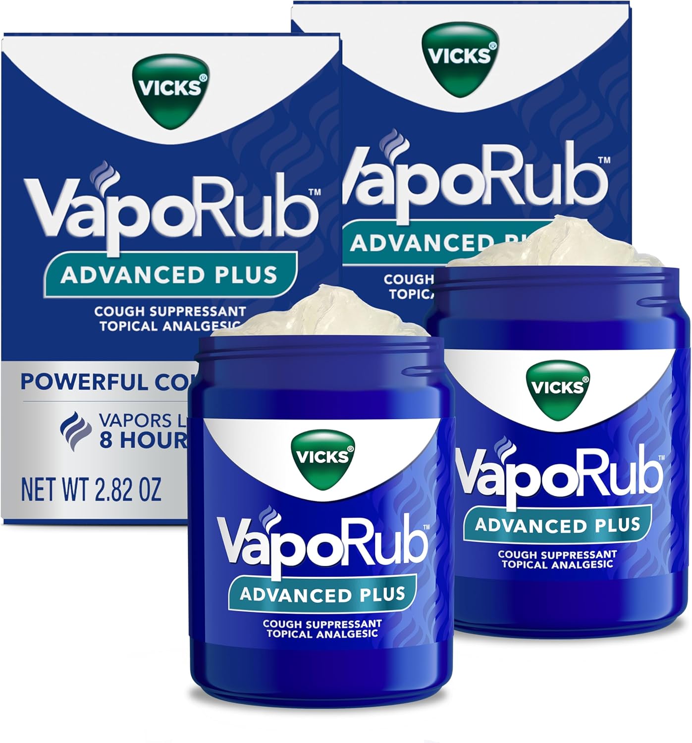 Vicks VapoRub Advanced Plus, Powerful Cough Suppressant, Topical Chest Rub & Analgesic Ointment, Medicated Vicks Vapors, Fast Cough Relief, 2.82oz x 2
