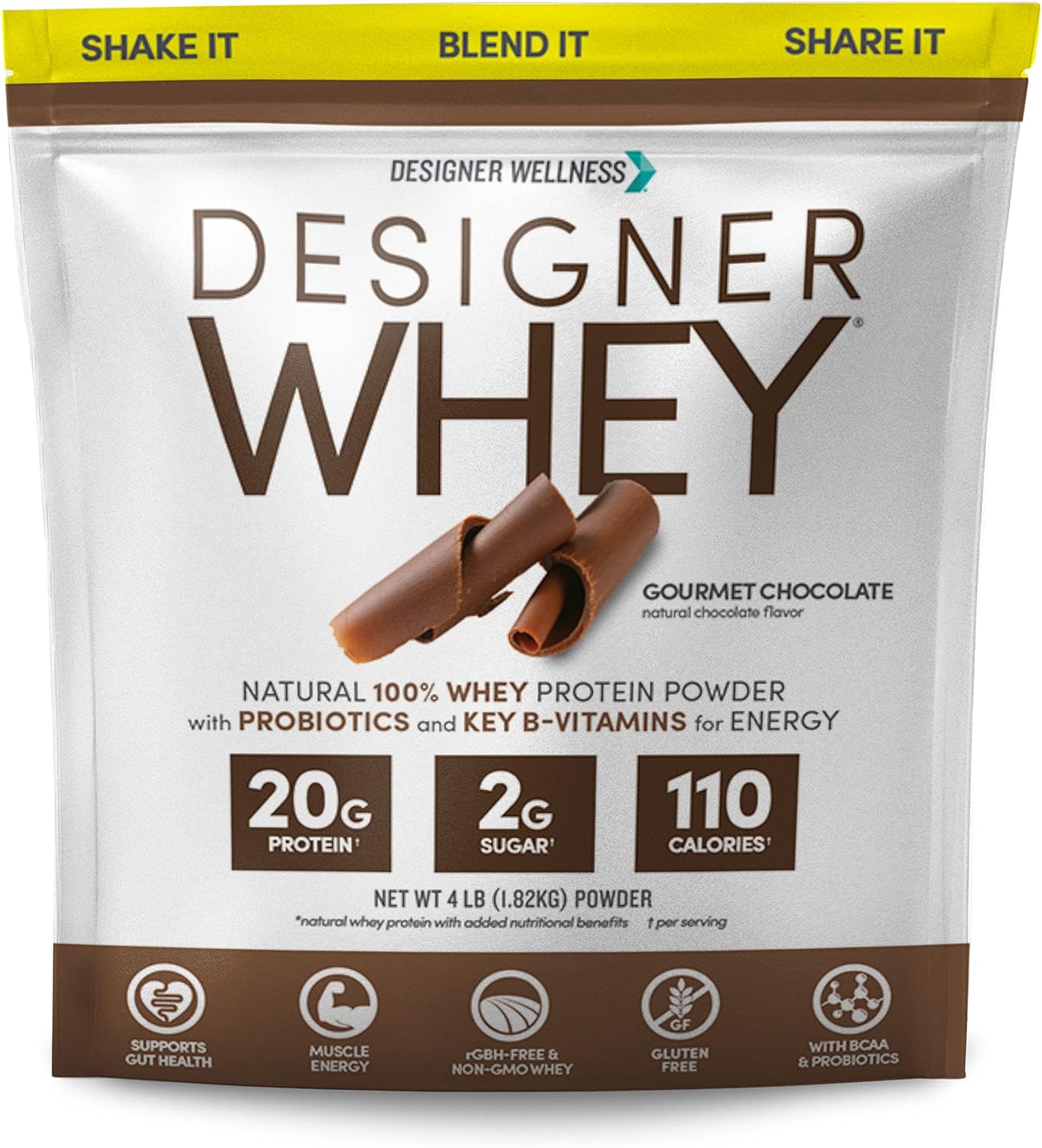 Designer Wellness, Designer Whey, Natural Whey Protein Powder with Probiotics, Fiber, and Key B-Vitamins for Energy, Gluten-Free, Gourmet Chocolate 4 lb