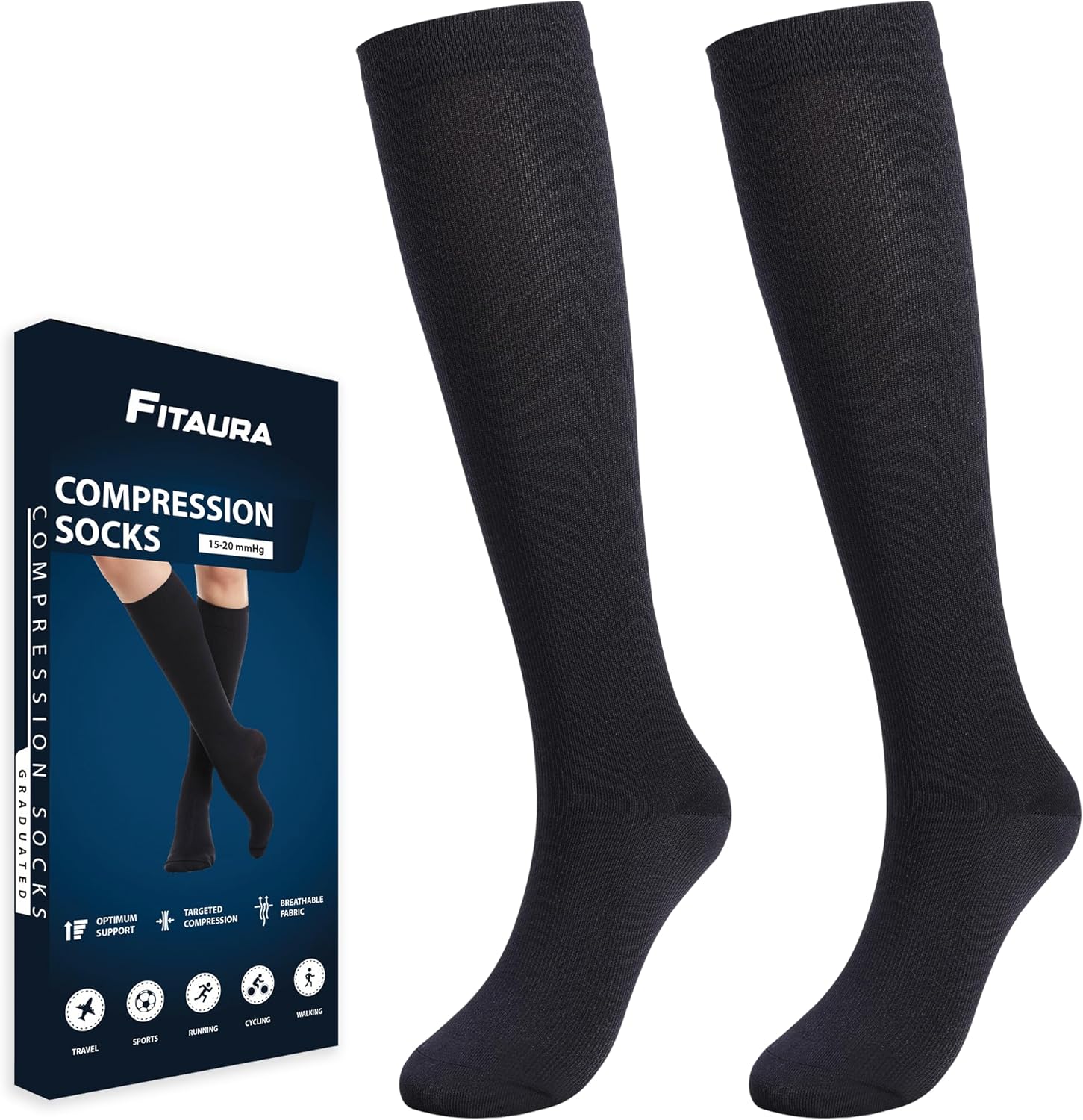 FITAURA Compression Socks for Women & Men | 15-20mmHg Support Stockings for Flight, Travel, Sports, Running | Graduated Compression for Calf & Ankle Circulation