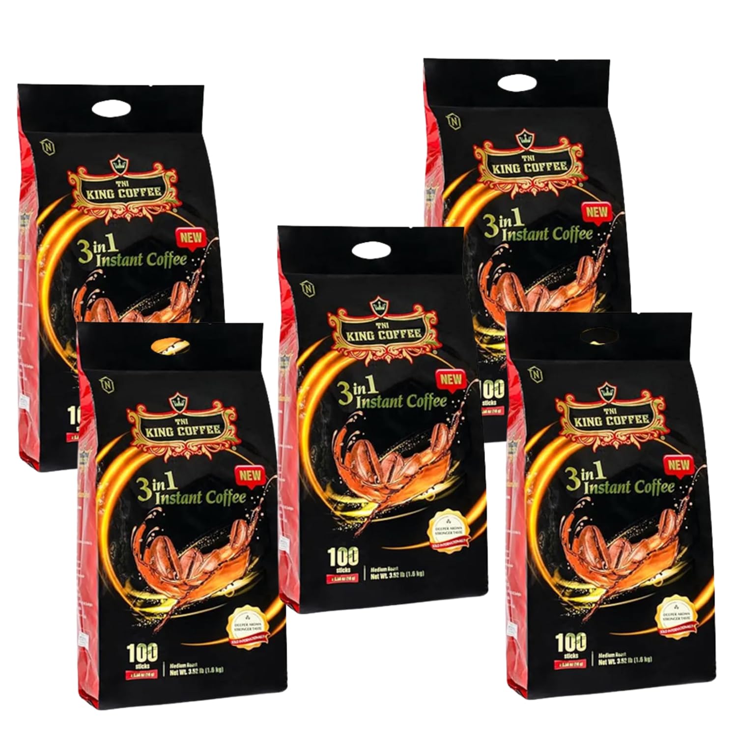 TNI King Coffee 3 in 1 Instant Vietnamese Coffee, 100 Single Serve Packets - Individual Pocket Size Sachet Sticks - Blended with Coffee, Cream Powder and Sugar - 5 Pack