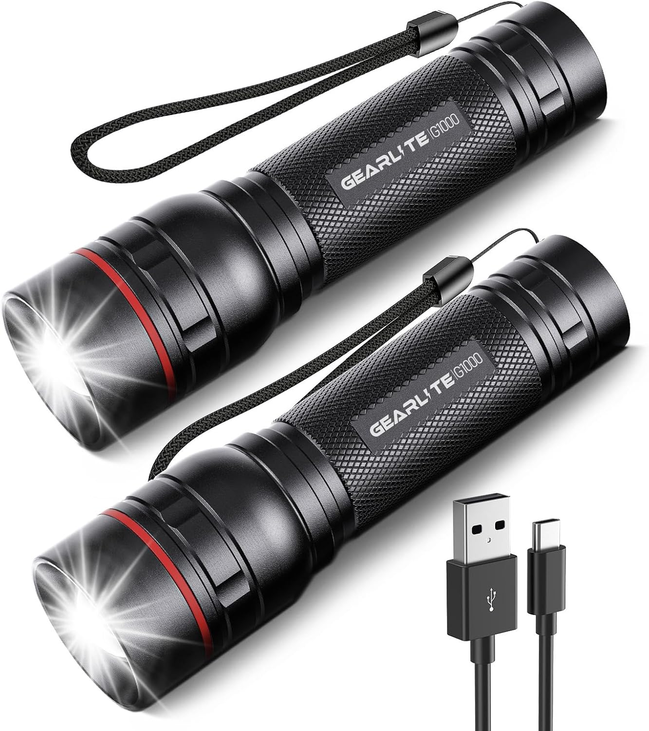 GEARLITE LED Torch Rechargeable, 2 Pack 2000LM Super Bright Adjustable Focus Flashlight, 3 Lighting Modes, Long Battery Life, Waterproof Pocket Size Torch for Power Cuts, Emergency