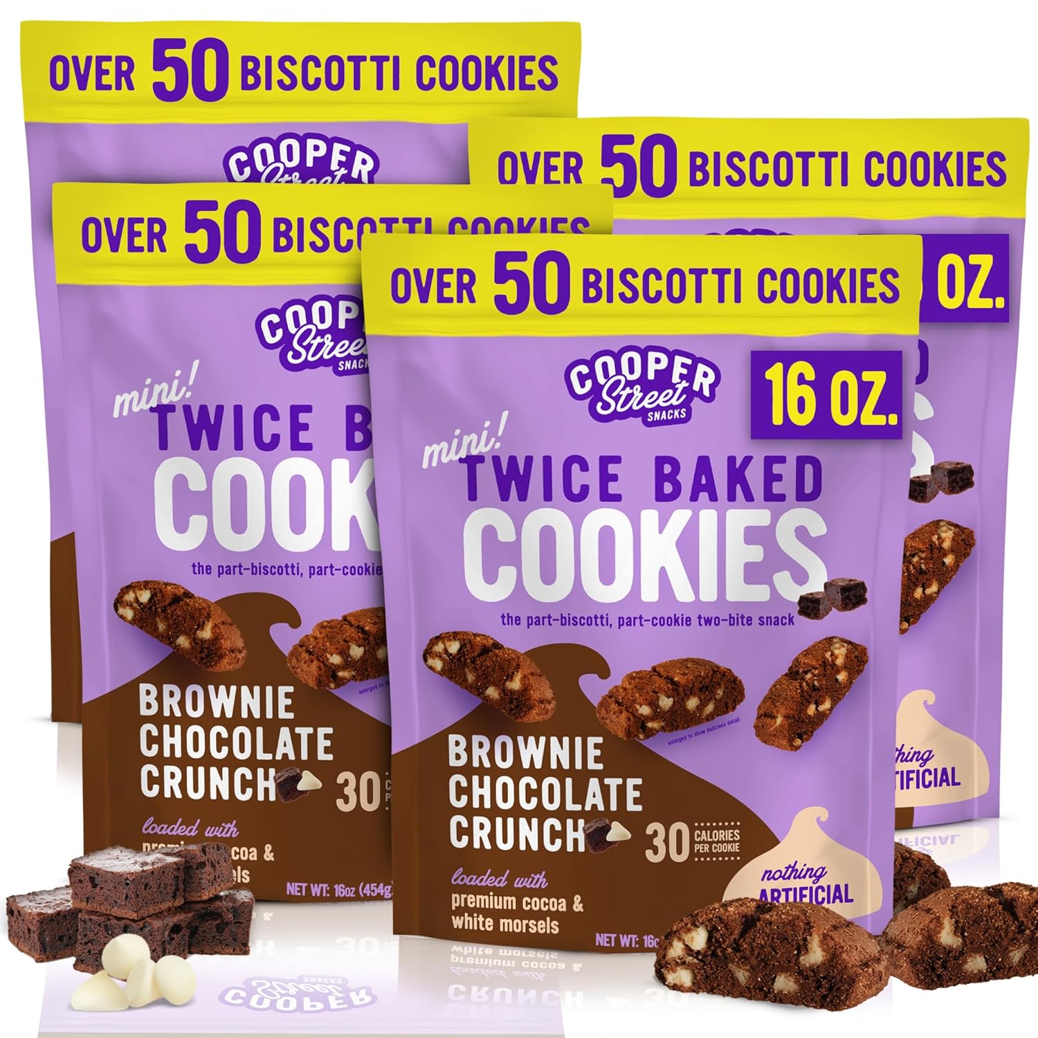 Cooper Street Twice-Baked Brownie Chocolate Biscotti Cookies (16oz each, Pack of 4) - 50 Two-Bite Mini Italian Style Snacks - Dairy-Free, Peanut Free, Kosher, Low-Calorie, Perfect with Coffee or Tea