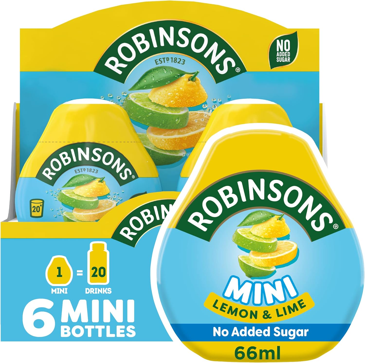 Robinsons Mini - No Added Sugar - Low Calorie - Lemon and Lime - Makes 20 Drinks Per Pack, 6 x 66 ml Packs