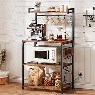 Standing Baker's Rack Coffee Bar Table - 4 Tiers Kitchen Microwave Stand with 6 Hooks, Kitchen Storage Shelves Rack，Rustic Brown