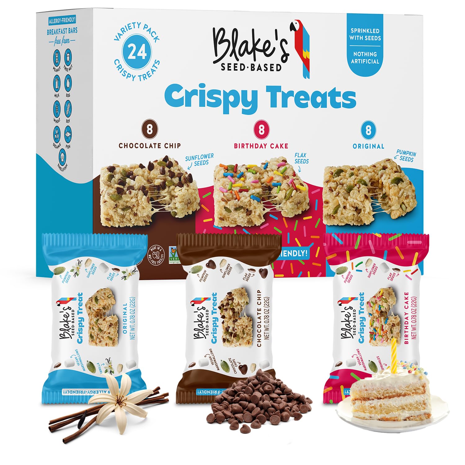 Blake’s Seed Based Crispy Treats – Variety Pack (24 Count), Vegan, Gluten Free, Nut Free & Dairy Free, Healthy Snacks for Kids or Adults, School Safe, Low Calorie Soy Free Snack