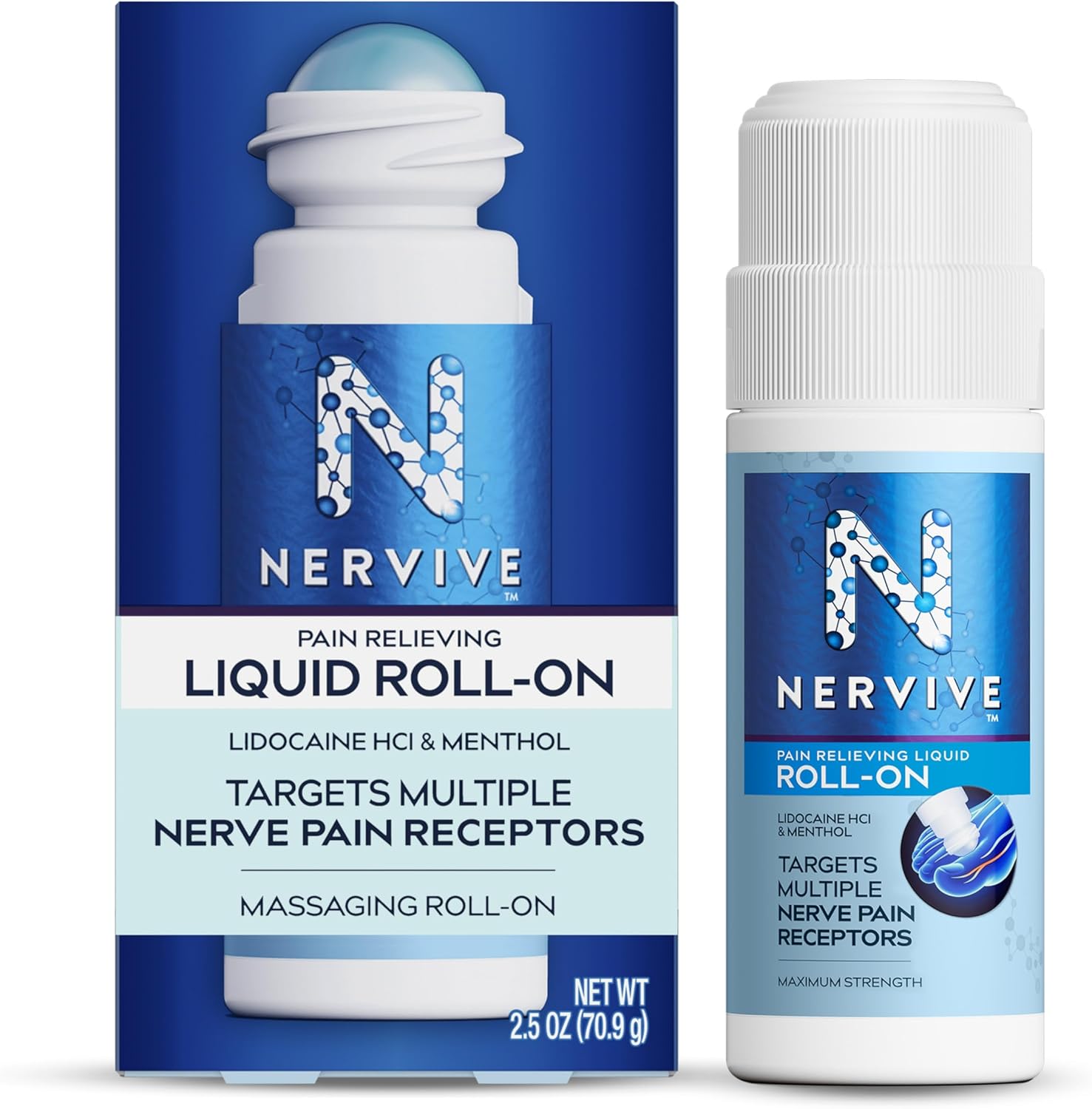 Nervive Pain Relieving Roll On Liquid, Max Strength No-Mess Topical Pain Reliever with Lidocaine and Menthol for Toes, Feet, Fingers, Hands, Legs & Arms, 2.5oz