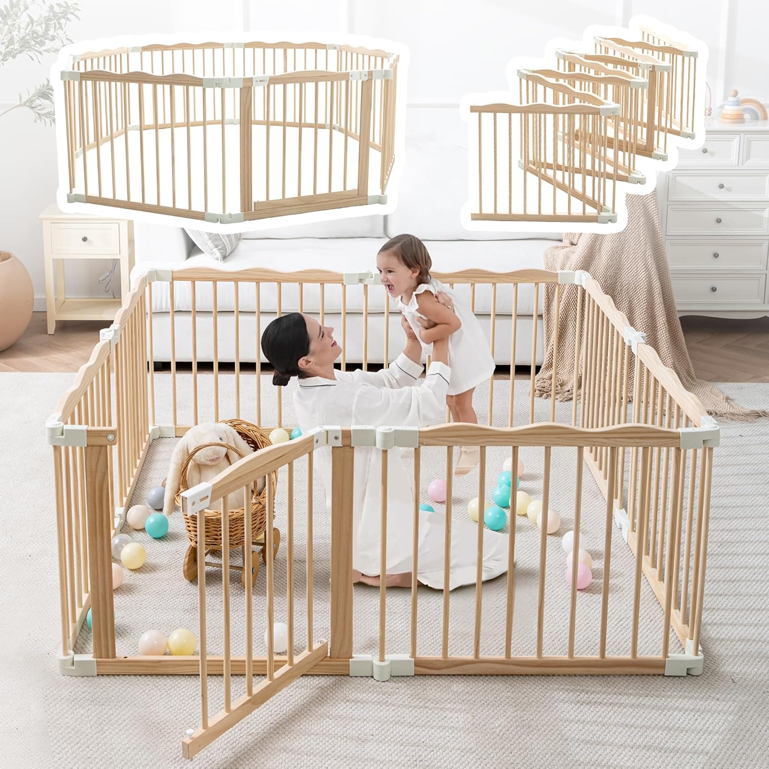 GGF Wooden Playpen & Play Yards for Babies and Toddlers, Foldable Wood Baby Play Fence with Locking Gate, Kids Activity Area Center Indoor Outdoor,57 * 57inch, Natural Wood