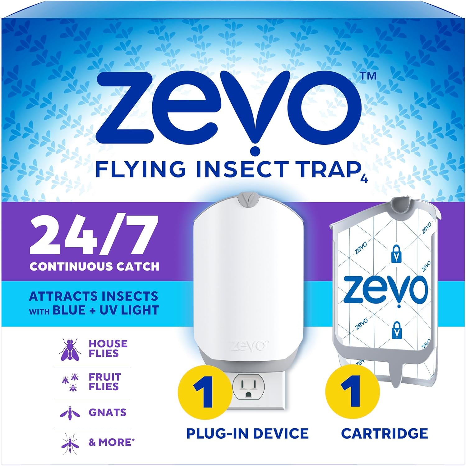 Zevo Flying Insect Trap & Cartridge - Plug in Fly Trap & Indoor Bug Catcher for Gnats, House & Fruit Flies - Mess-Free - Use in Any Room - Uses Blue & UV Light (1 Plug in Device & 1 Cartridge)