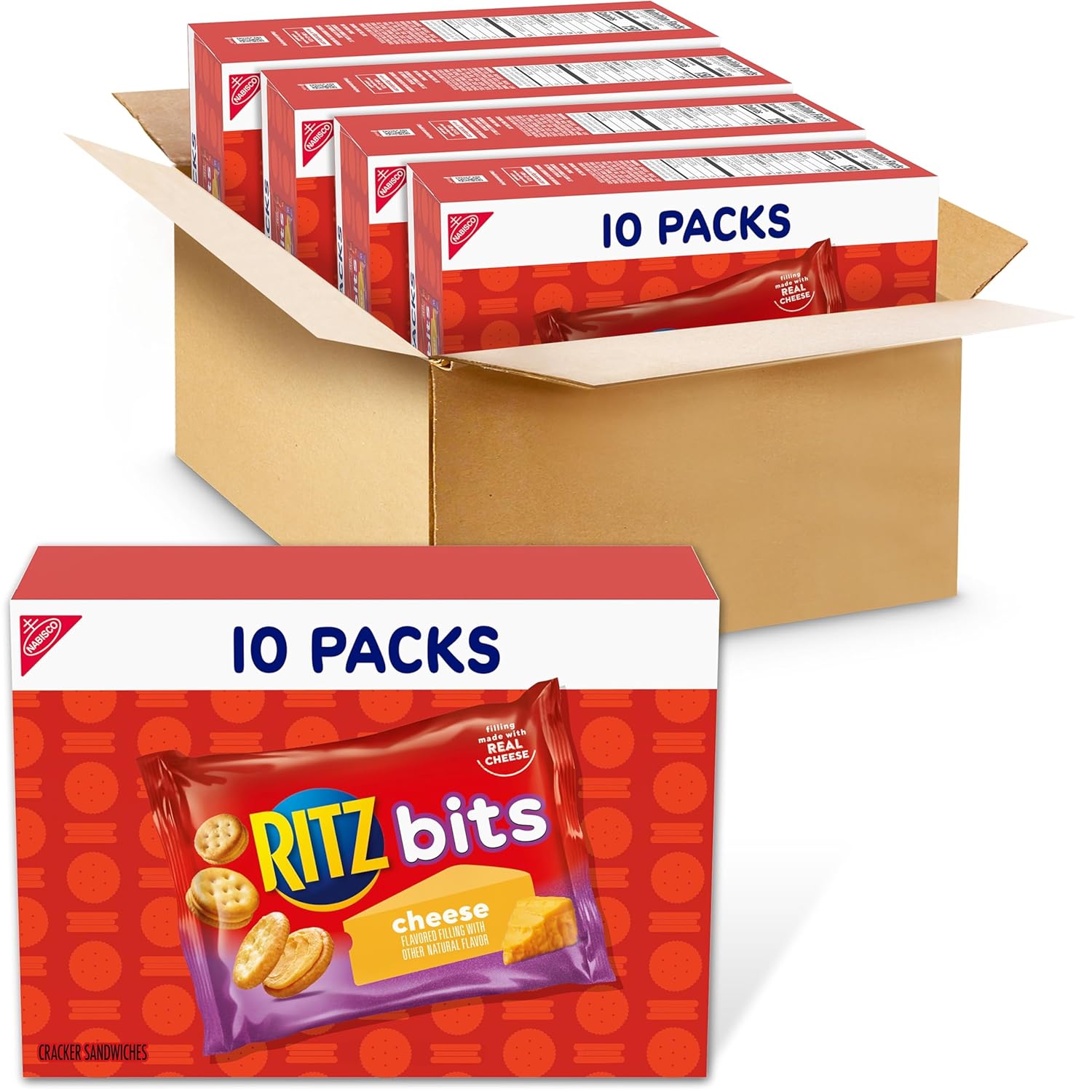 RITZ Bits Cheese Sandwich Crackers, Bulk Lunch Snacks, 40 Snack Packs (4 Boxes)