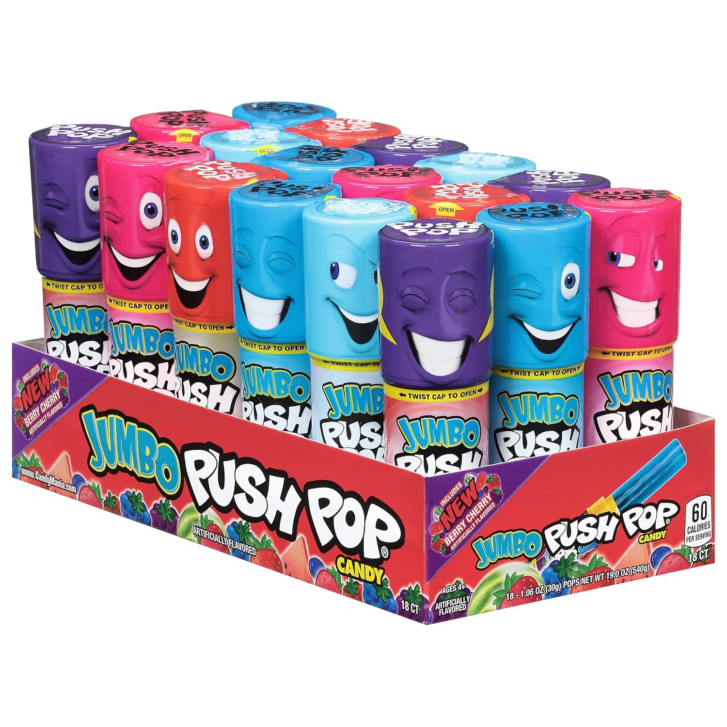 Push Pop Giant Candy Lollipop Container, 10 Ct Candy Individually Wrapped in Assorted Fruity Flavors, Full Size, Fun Hard Candy For Party Favors, Birthday Parties, Goodie Bags, Fun Gifts for Kids