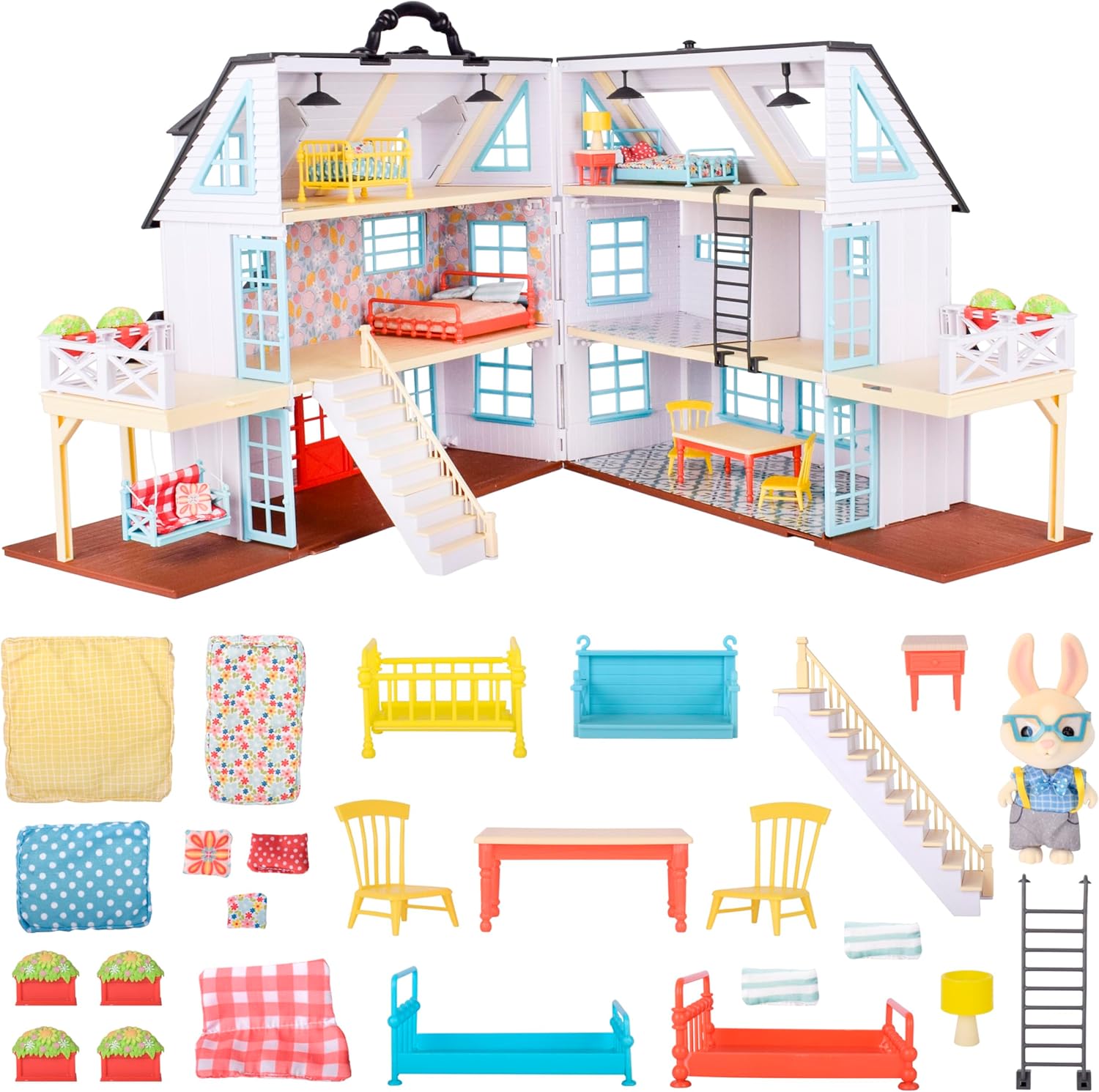 Buzzby Farmhouse, Dollhouse Playset with Miniature Doll Figure, Furniture and Accessories. 25 Pieces, Ages 3+