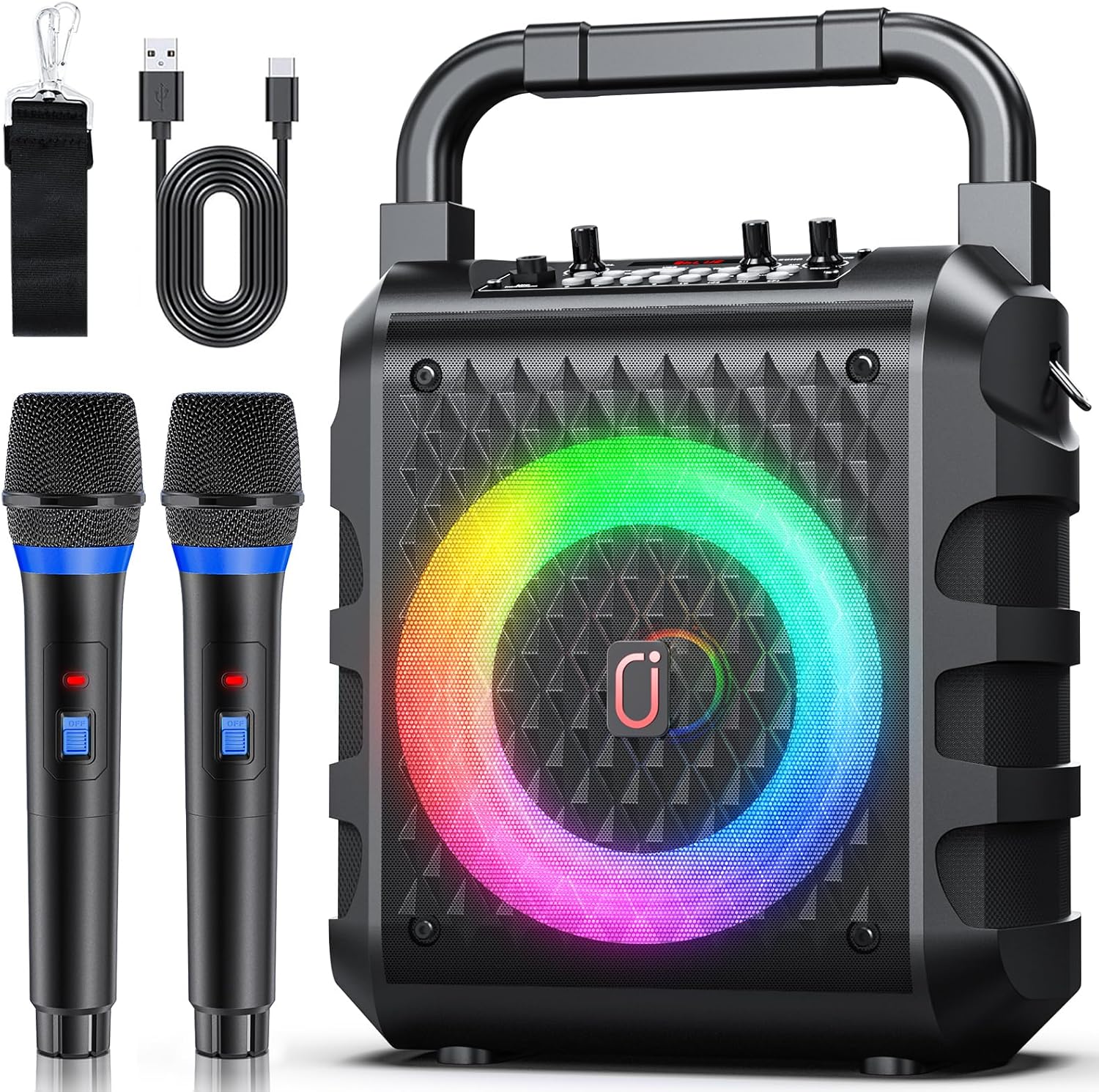 Karaoke Machine with Upgraded 6.5" Subwoofer, Portable Bluetooth 5.3 Karaoke Speaker with 2 Wireless Microphones, PA System with Echo Adjustment For Home Parties, Support TV/USB/TF Card/AUX/REC