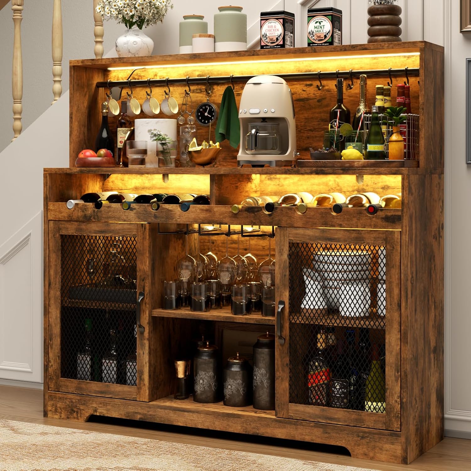 Loomie Wine Bar Cabinet with LED Light, Liquor Cabinet with Glass Holder, Coffee Bar for Liquor, Storage Buffet with Wine Racks, Wine Cabinet with Mesh Door (Rustic)