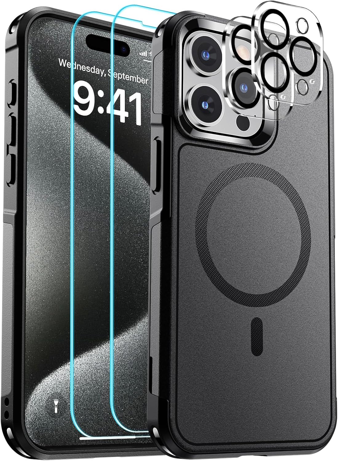 SUPFINE Magnetic for iPhone 15 Pro Case, [Compatible with MagSafe] [15FT Military Grade Drop Protection] [2pcs Tempered Glass Screen+Camera Lens Protector] Heavy Duty Shockproof Phone Case, Black