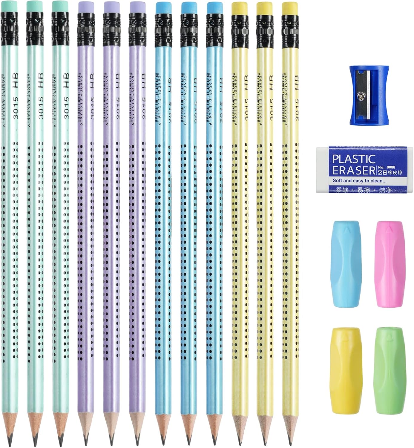 OFFCUP HB Pencils, 12pcs With Rubbers, Presharpened Writing Pencils With Rubbers on The End, 4 Pen Holders, Pencil Sharpener for School Children Handwriting and Drawing