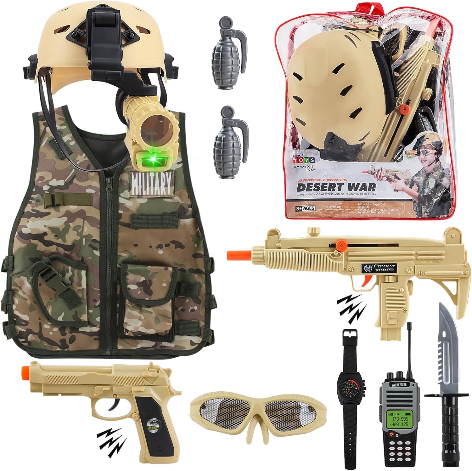 deAO Military Soldier Camouflage Desert War Costume Set with Helmet, Toy Shotgun, Grenades, Accessories and Storage Backpack - Great for Kids