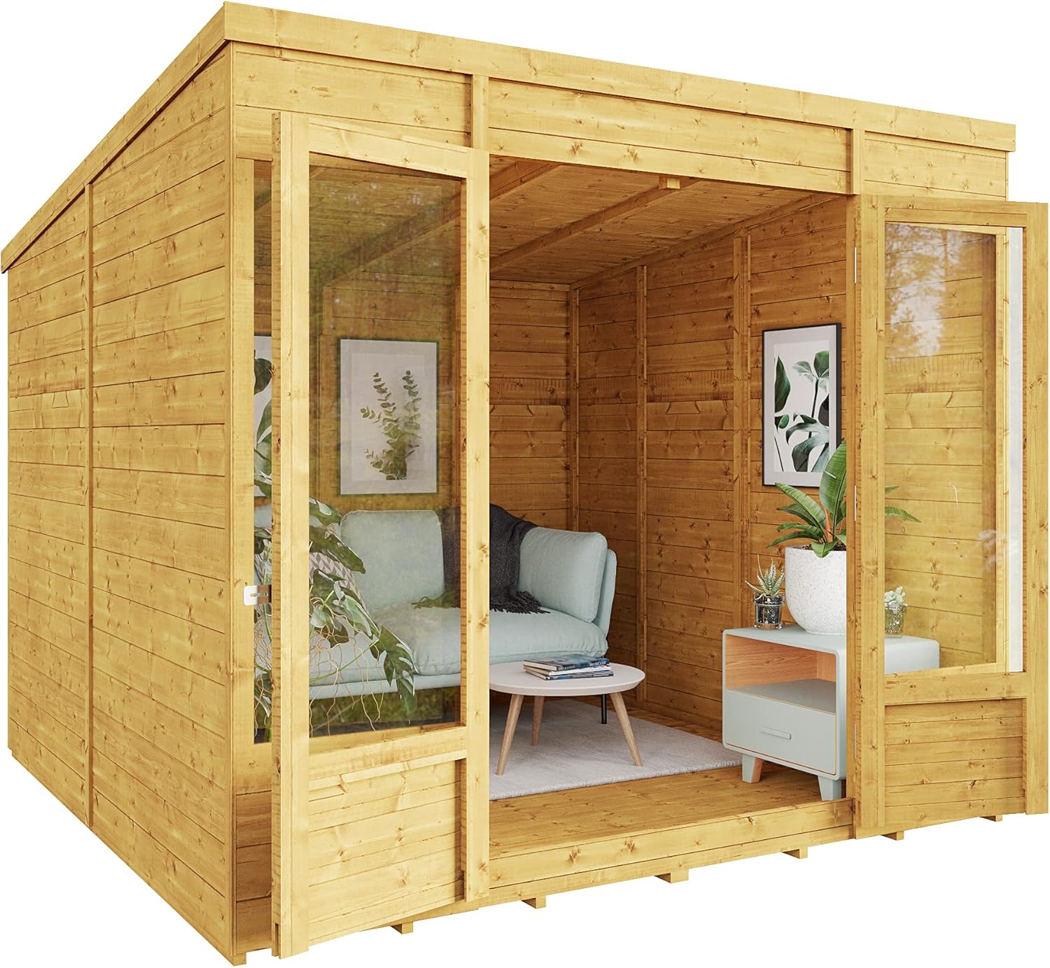 BillyOh Bella 8 x 8 Summer House Shed, Modern Pent Roof Log Cabin | Spray Treated - Garden Room with Wide Double Doors, Tongue and Groove Construction | Versatile Tiny Home or Garden Office