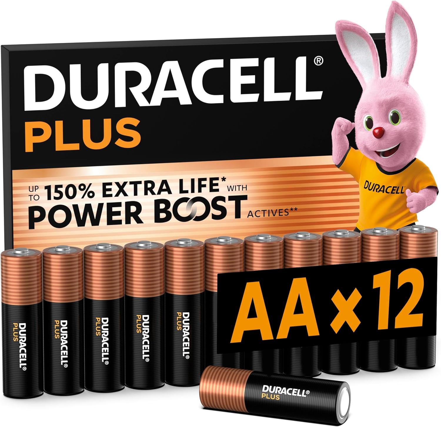 DURACELL Plus AA Batteries (12 Pack) – Alkaline Batteries 1.5V – Up to 150% Extra Life with POWER BOOST Actives– Reliability For Everyday Devices – 0% Plastic Packaging – 10-Year Storage - MN1500