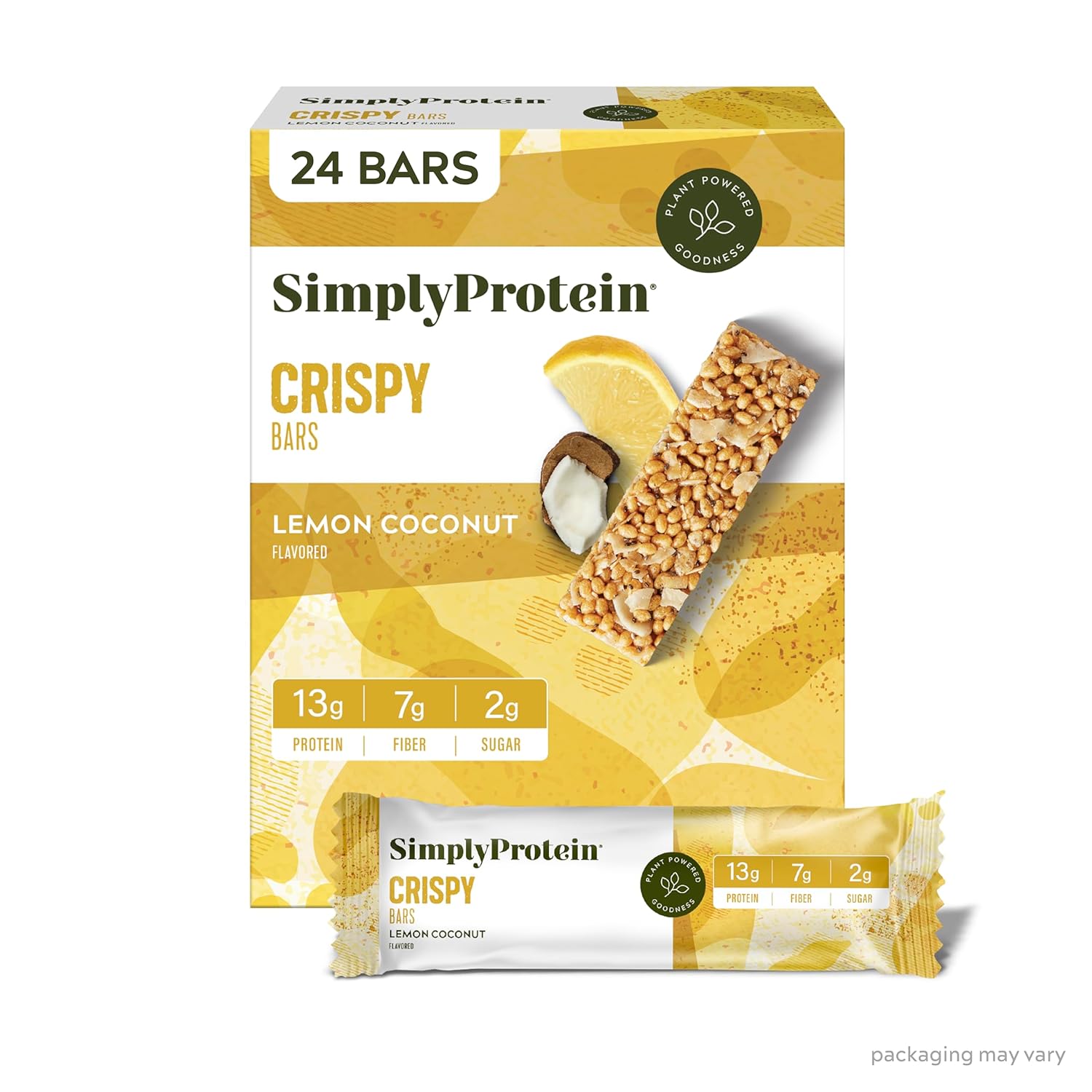 Simply Protein - Lemon Coconut Crispy Bars - Plant Based Protein Bars - Low Carb, Low Sugar, High Fiber - 13g Protein, 2g Sugar, 7g Fiber - Vegan, Gluten Free, Non GMO, Kosher - 24 Bars