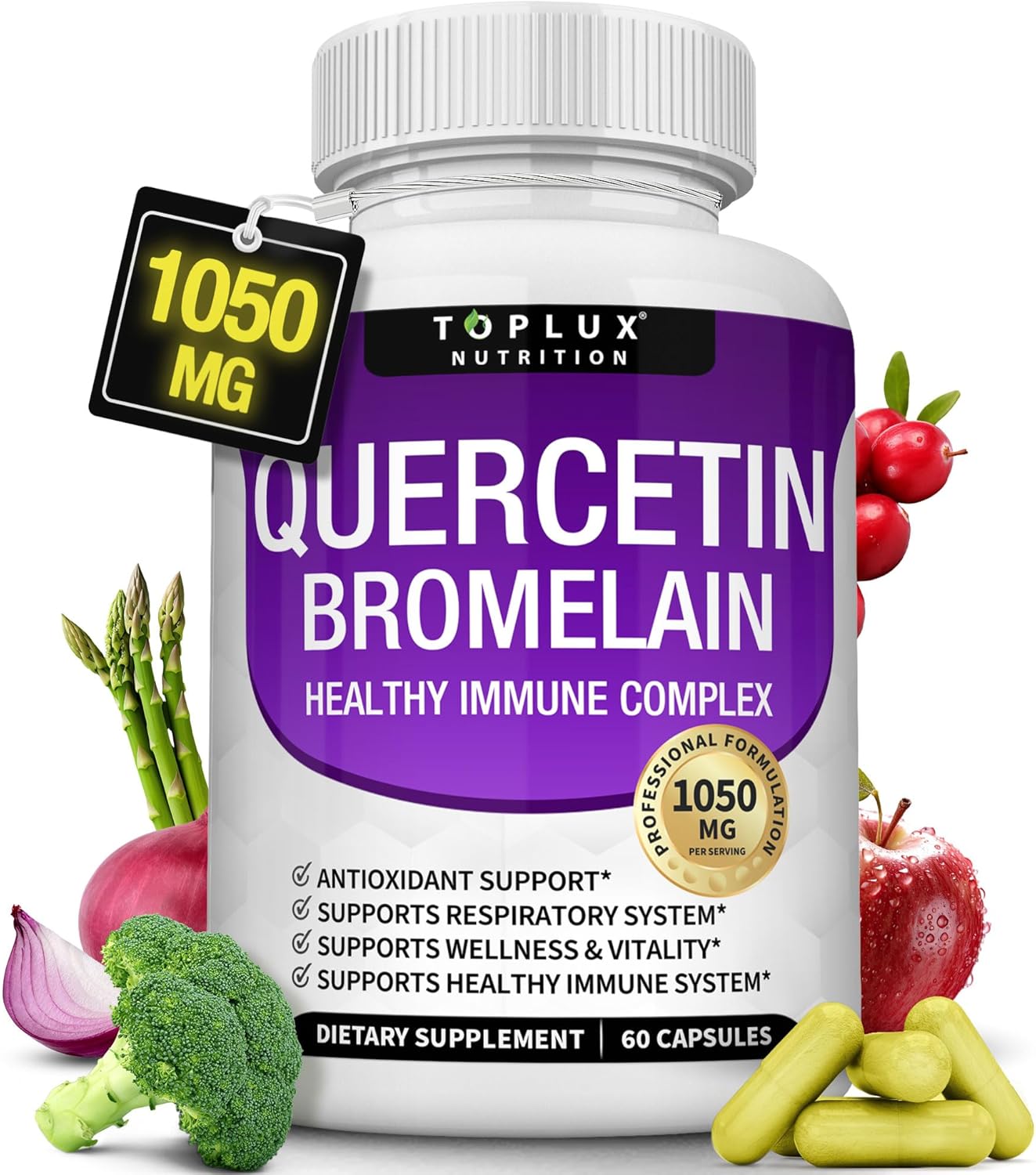 Toplux Quercetin with Bromelain and Zinc 1050mg - Advanced Immune Support Supplement, Supports Antioxidant, Immune System, for Men Women, 60 Capsules