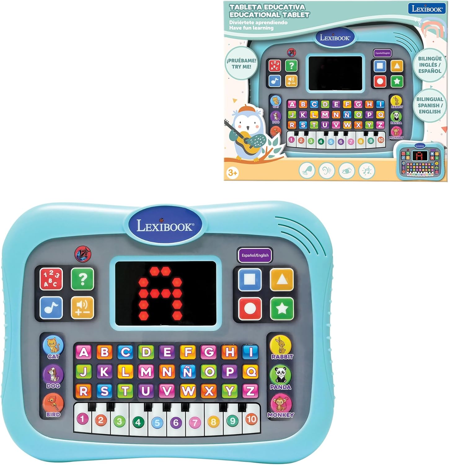 Lexibook, Educational Tablet, Bilingual English/Spanish, Talking Tablet with Screen to Learn The Alphabet, Numbers and Animals, Piano and Interactive Quiz Modes, Blue, JCPAD007i2