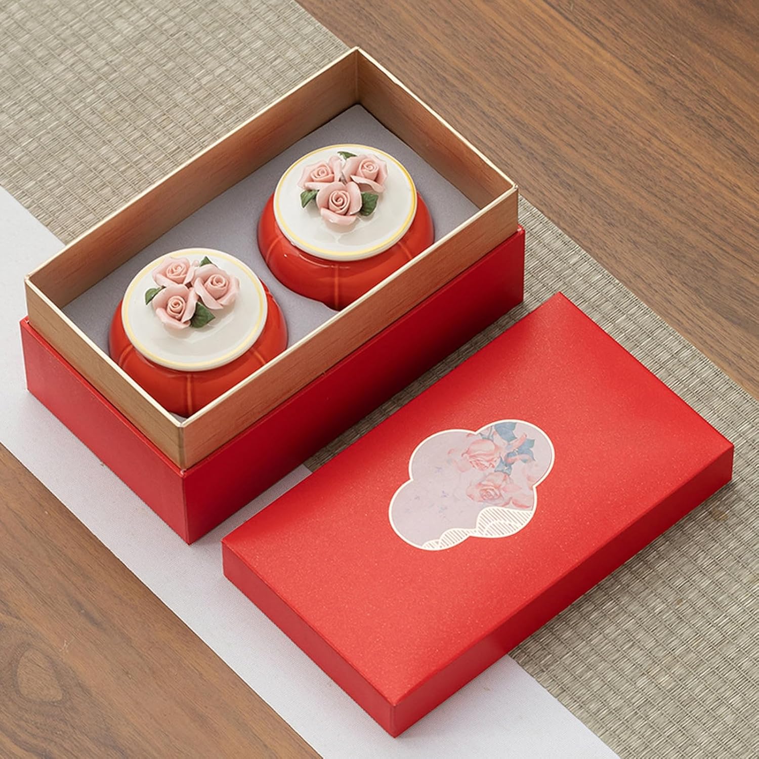 Small Urns for Human Pet Ashes Set of 2, Memorial Urn Keepsake Cremation Urns Floral Ceramic Urn Beautiful Mini Sharing Urns with Premium Box,Red
