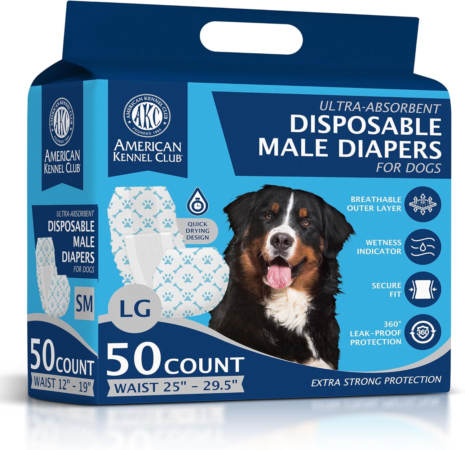 American Kennel Club Male Dog Wrap, Disposable Diapers with Wetness Indicator, Large, 50 Count