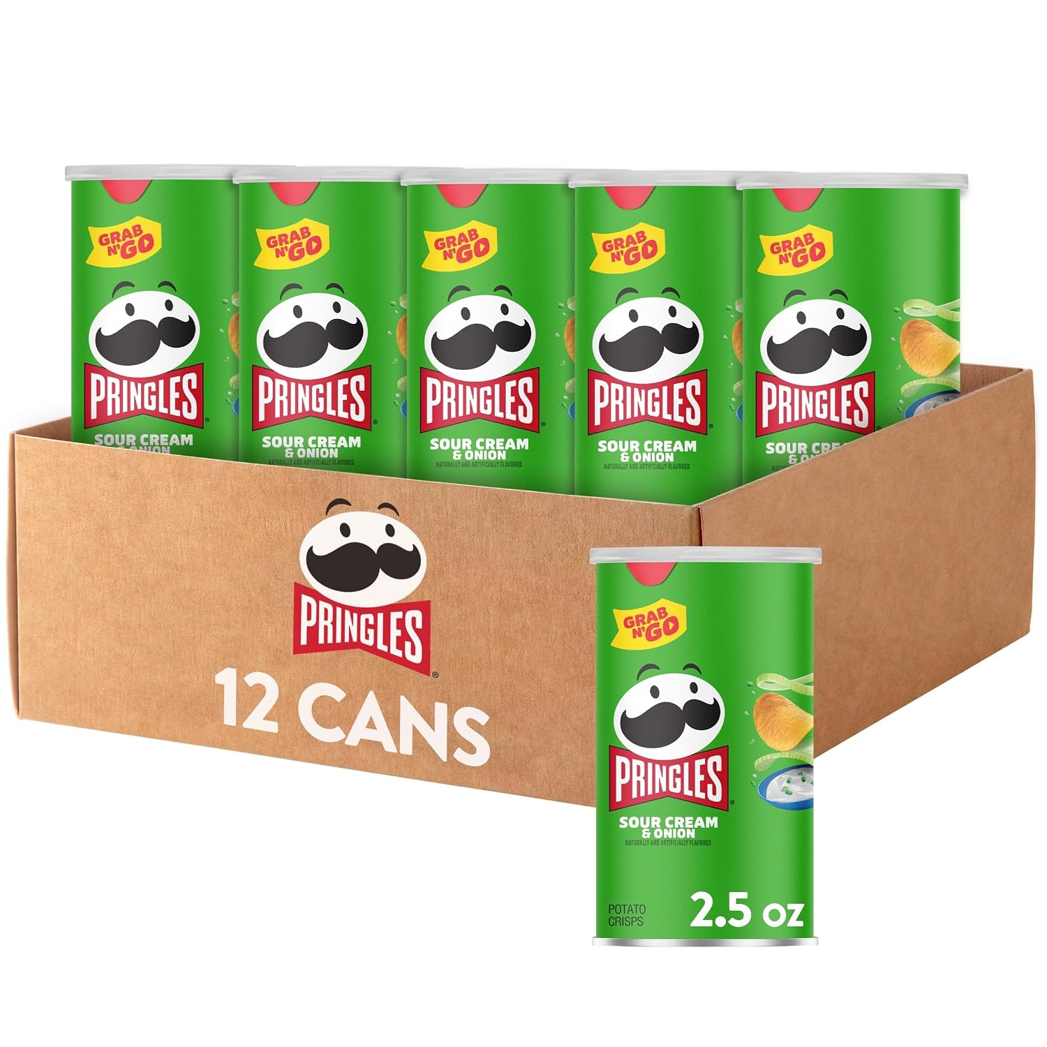 Pringles Potato Crisps Chips, Lunch Snacks, Office and Kids Snacks, Grab N' Go, Sour Cream and Onion, 1.88 Pounds (12 Cans)