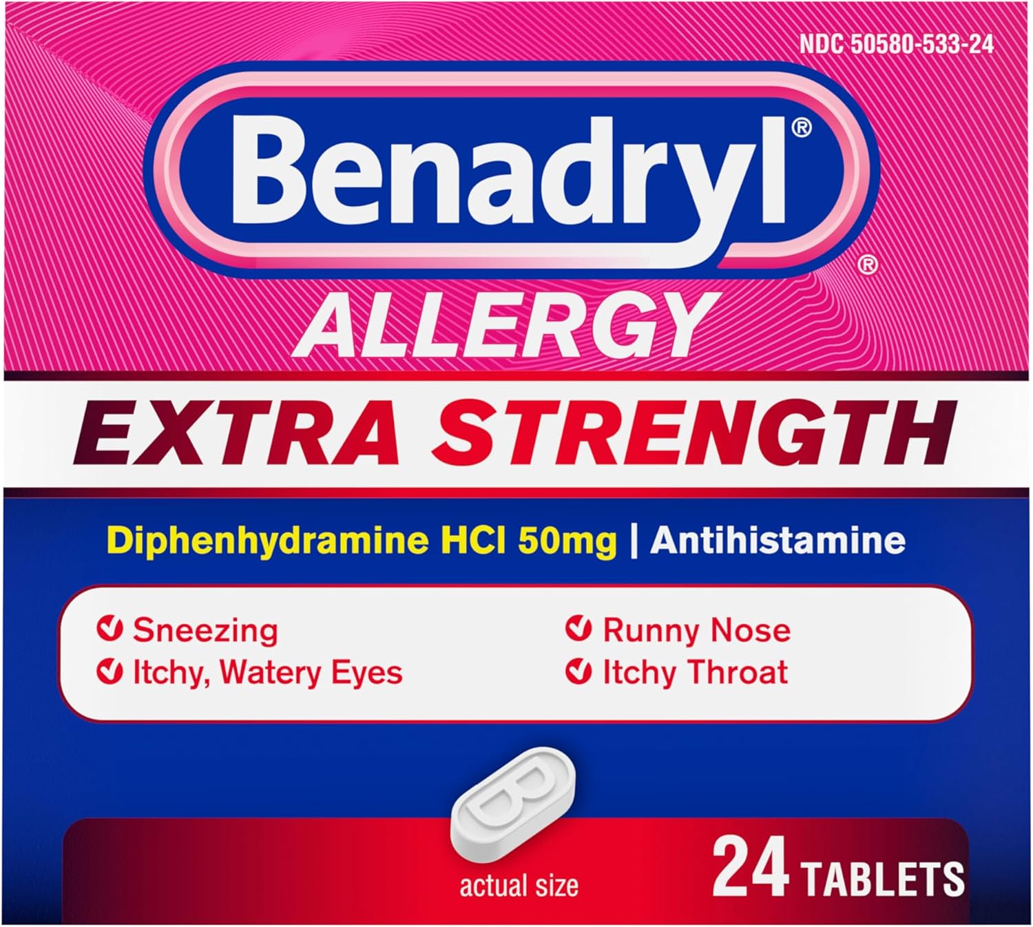 Benadryl Extra Strength Relief Allergy Tablets, 50 mg Diphenhydramine HCl, 2X The Strength in One Pill Compared to 1 of the Ultratabs, Works When You Need it Most, 24 Count