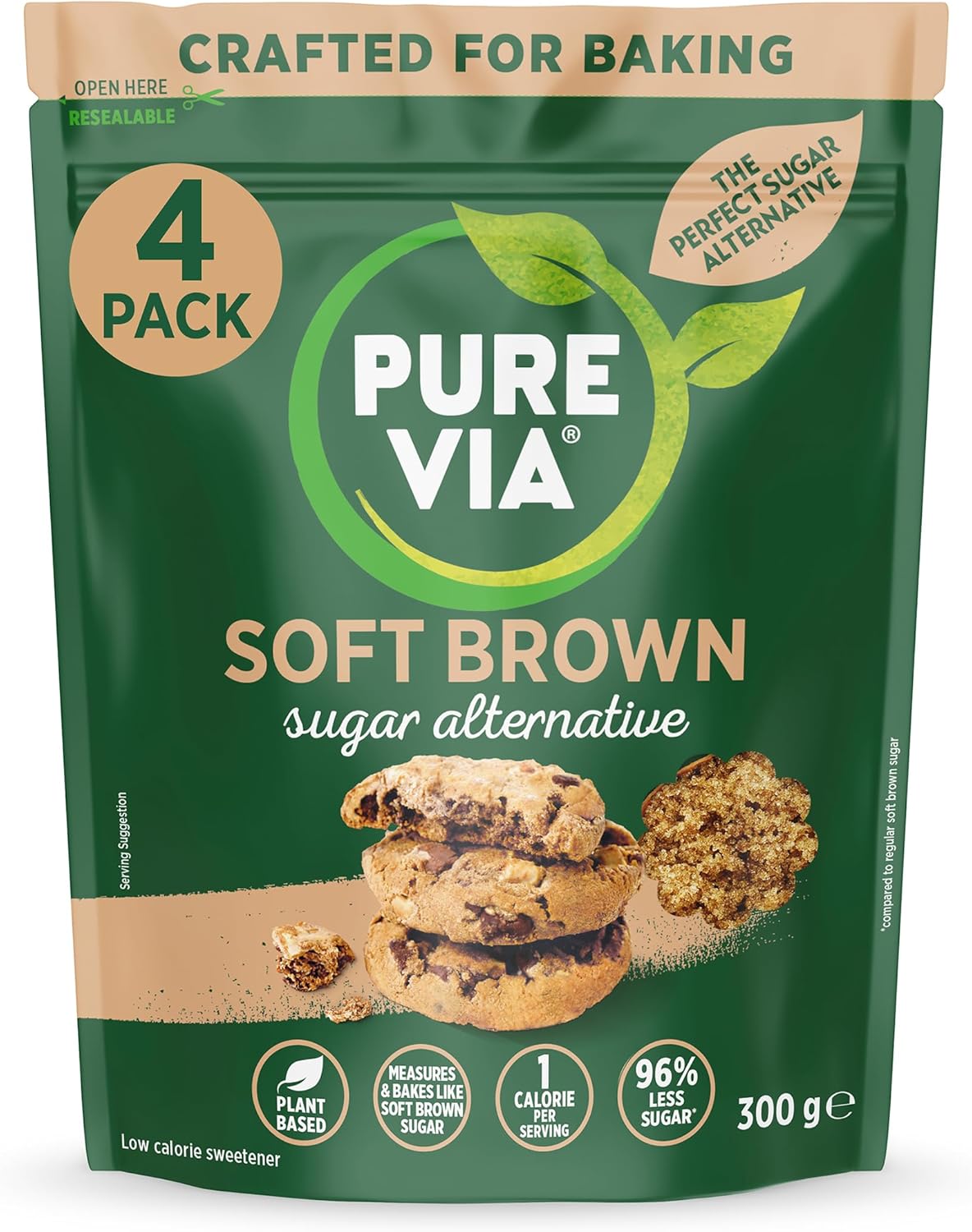 Pure Via Baker’s Secret Soft Brown Sugar Alternative - Keto and Vegan Friendly Sweetener for Baking - 300G (Pack of 4)