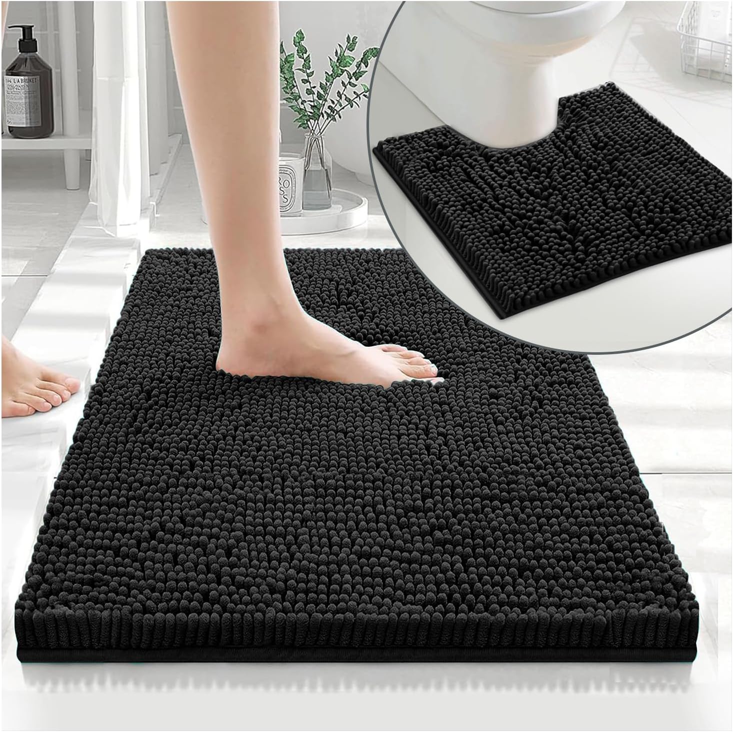 GC GAVENO CAVAILIA Soft Bath Mat Sets For Bathroom | 2 Piece Bath Mat Non Slip Back | Highly Water Absorbent & Fast Drying 100% Microfiber Chenille Toilet Rug with Pedestal Mat | Black