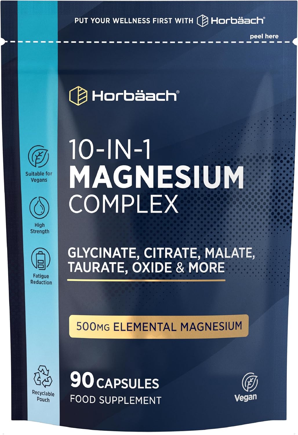 Magnesium Glycinate Complex | 1118mg Magnesium Providing 500mg Elemental | 10-in-1 Complex | Glycinate, Citrate, Malate, Oxide, Taurate & More | 90 Vegan Capsules | by Horbaach