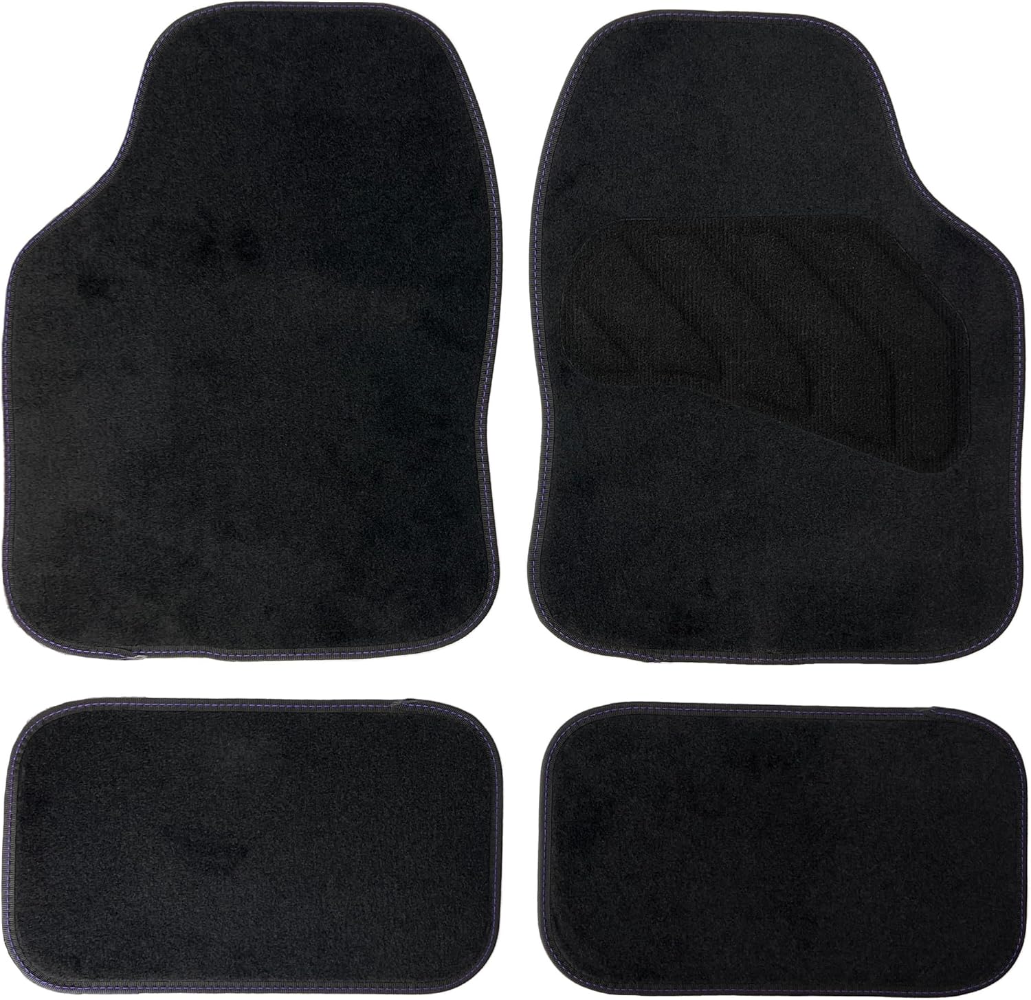 Sakura Floor Mats For Cars SS5460 - 'Flux' Black Carpet Purple Stitching - Full Set Of 4 Universal Fit - Hard-Wearing Pile, Anti-Slip Backing, UK Made, Heelpad