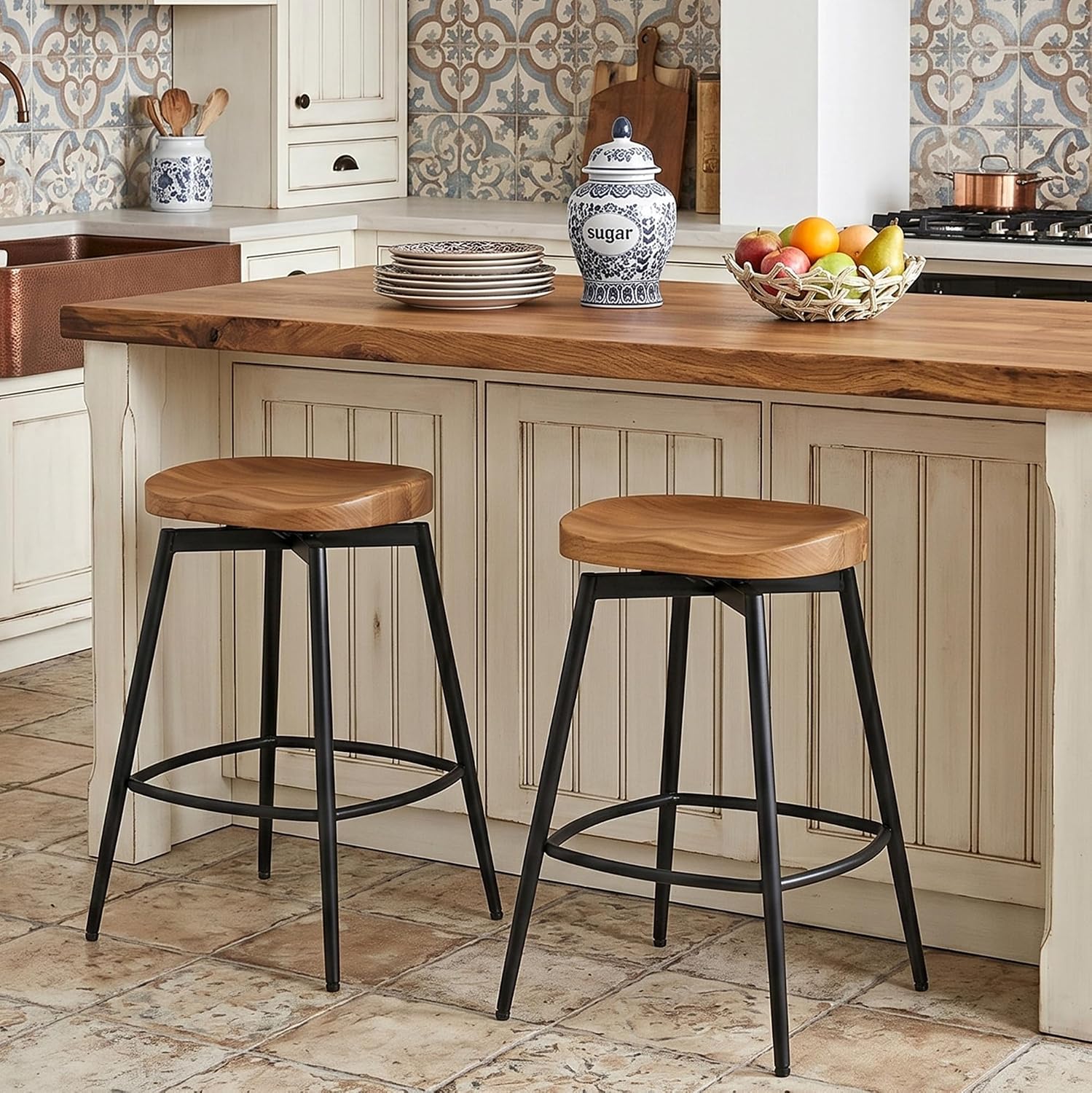 Zesthouse Wooden Bar Stools Set of 2, 63.5CM Industrial Breakfast Barstools with Saddle Seat Metal Legs, Swivel Armless Counter Height Island Stool for Home Cafe Bar