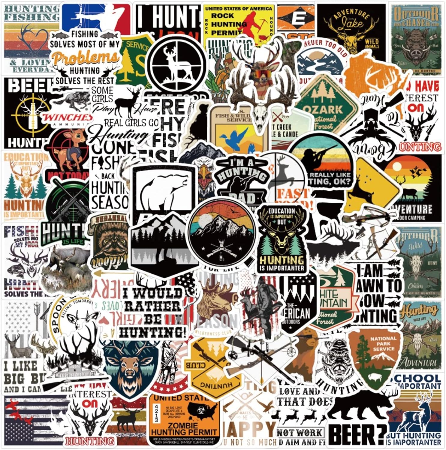 100PCS Go Hunting Stickers, Outdoor Adventure Wildness Decals Vinyl Waterproof Stickers for Water Bottle Laptop Luggage Helmet Skateboard Snowboard Guitar Scrapbook Phone Gifts for Teens