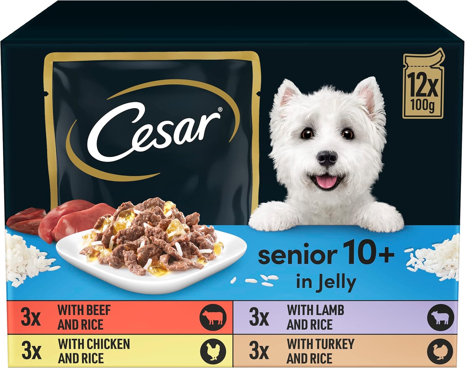 CESAR Senior 10+ Deliciously Fresh Wet Dog Food Pouches Aged Dogs, Mixed Selection in Jelly, Suitable for Senior Dogs Aged 10+, Pack of 4 (4 x 12 Pouches x 100 g)