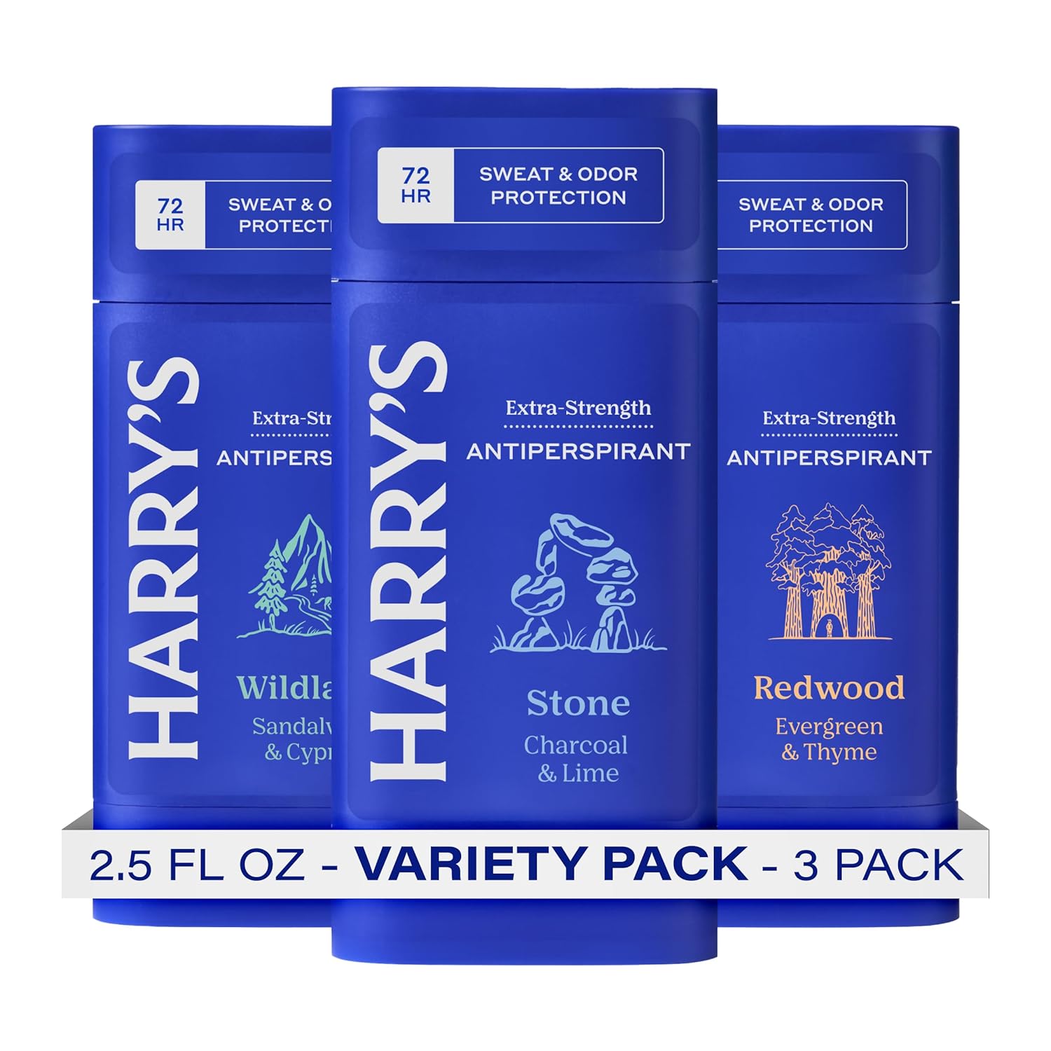 Harry's Extra-Strength Antiperspirant Deodorant, Sweat & Odor Control Antiperspirant for Men, Variety Pack - Stone, Redwood, Wildlands, 2.5 oz Pack of 3