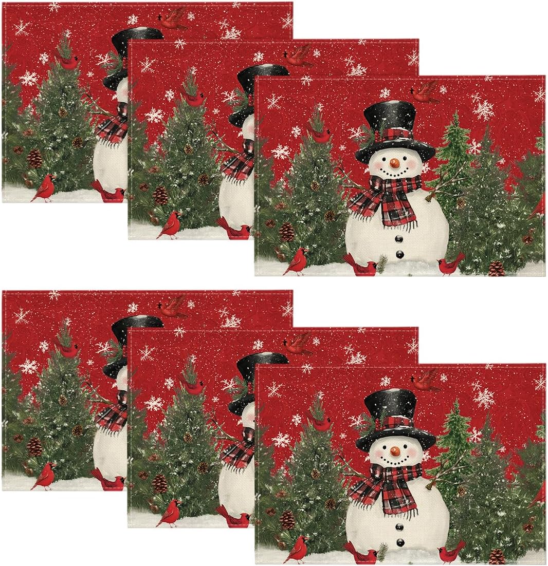 Artoid Mode Scarf Snowflakes Snowman Birds Trees Christmas Placemats Set of 6, 30 x 45cm Seasonal Winter Xmas Holiday Vintage Washable Table Mats