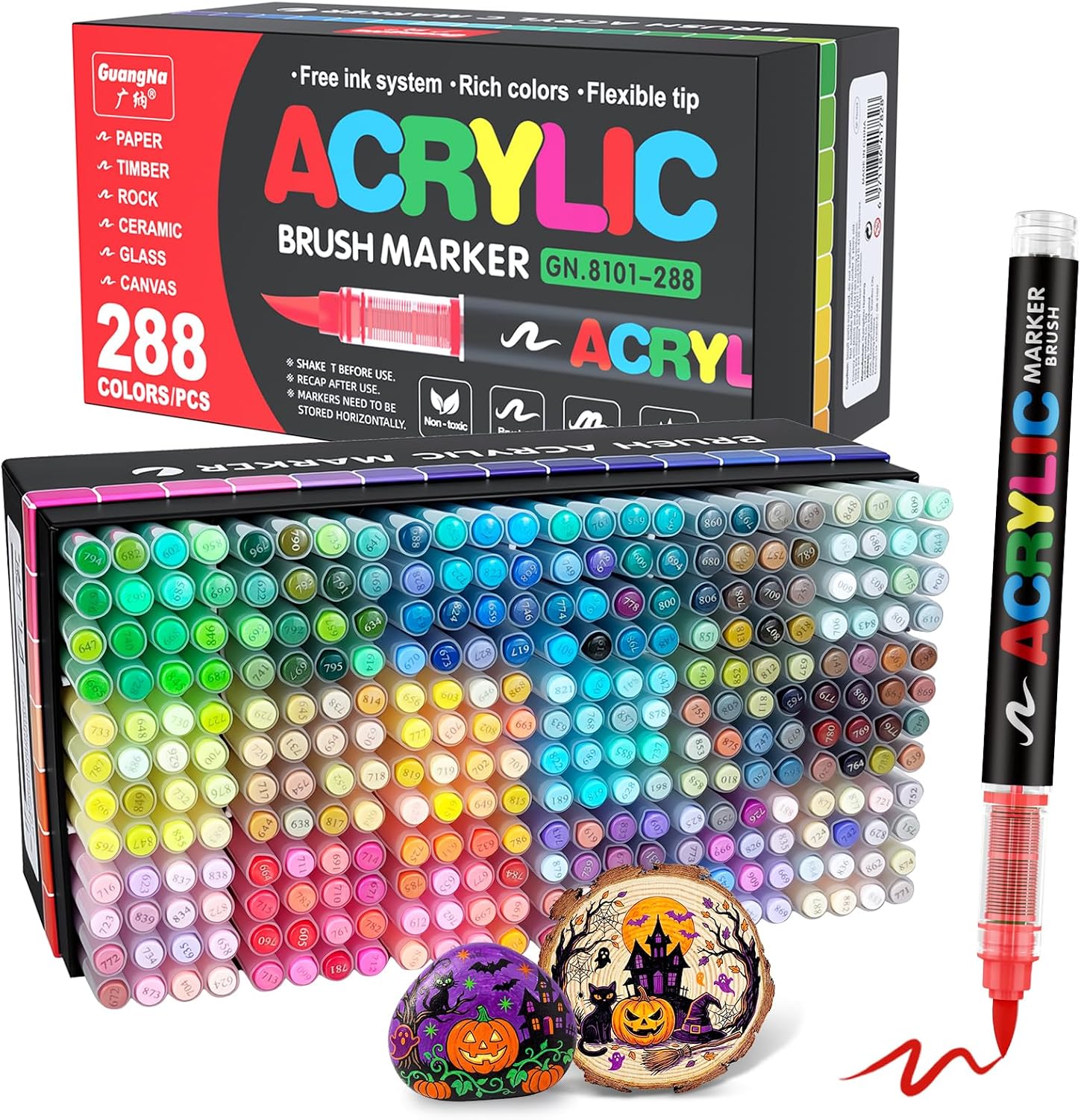 Guangna 288 Acrylic Paint Markers, Brush Tip Acrylic Paint Pens, Quick-Drying Waterproof Ink, for Rock Painting Plastic Wood Canvas Glass Ceramic Metal Art Crafts Supplies Gift