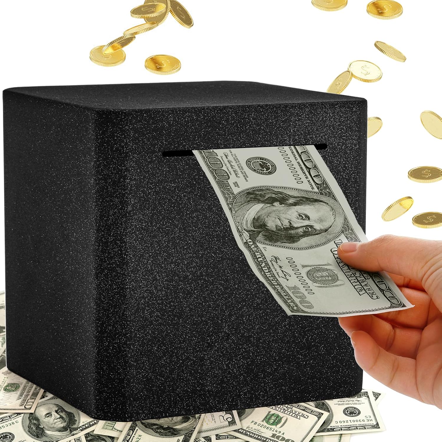 ZEAYEA Piggy Bank for Adults, Stainless Steel Adult Savings Bank to Help Budget and Save, Metal Money Bank Only Savings Box, Must Break to Open, 5.9"X5.9"X5.9", Black