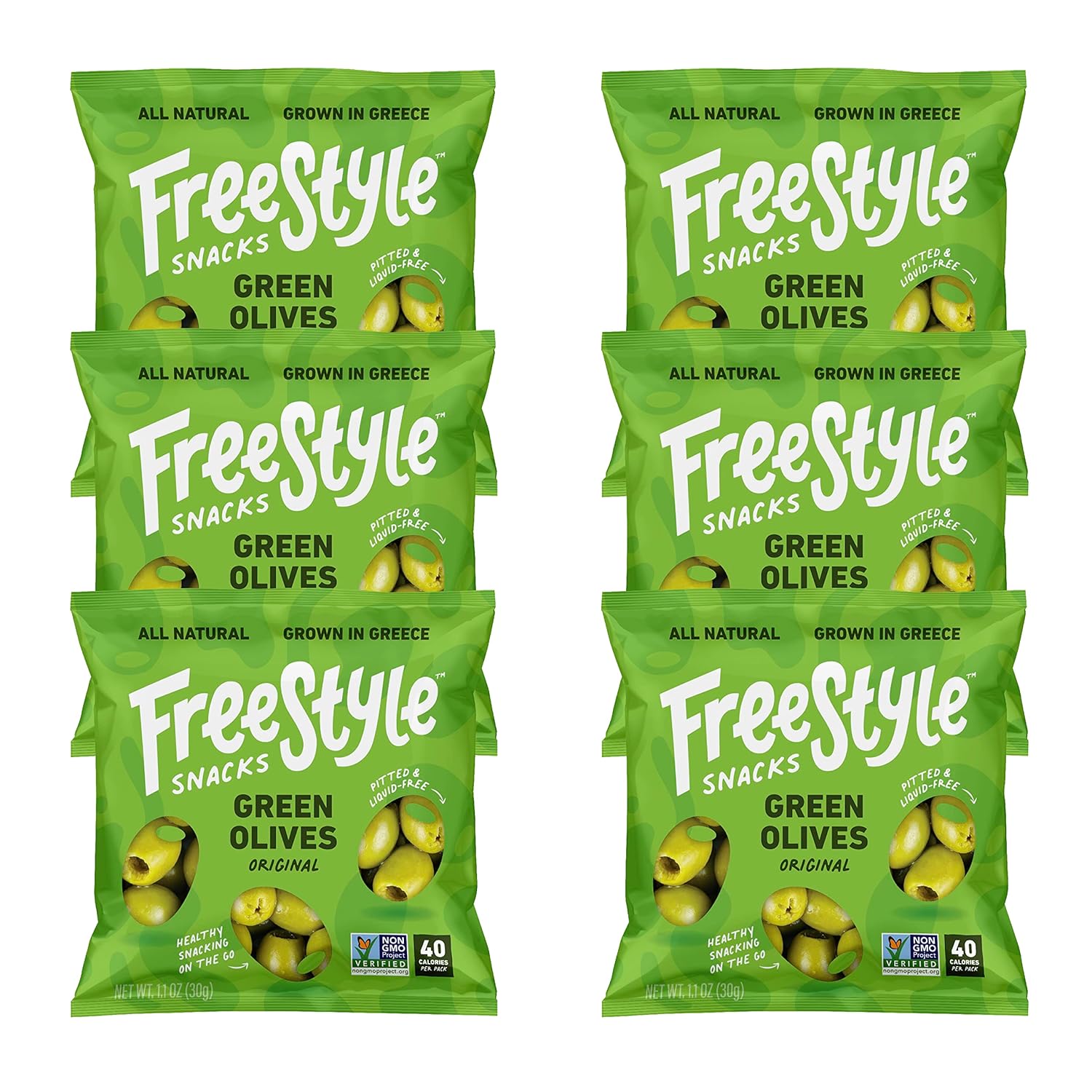 Freestyle Snacks Olive Snack Packs - Single Serve - Fresh Pitted Green Olives, Jumbo-Sized, Grown in Greece, All Natural, Non-GMO, Paleo, Sugar-Free, Keto, Salty Snack - Original, 1.1oz (6 Pack)