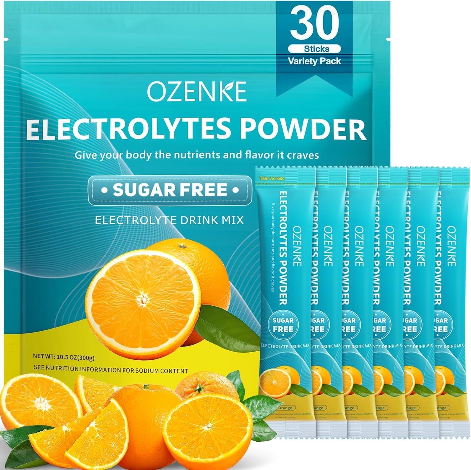 Electrolytes Powder Packets, 30 Sticks Hydration Packets Sugar Free, Electrolyte Drink Mix Portable Electrolyte Packets for Rapid Hydration, 0 Sugar & 0 Calorie, Orange Flavor