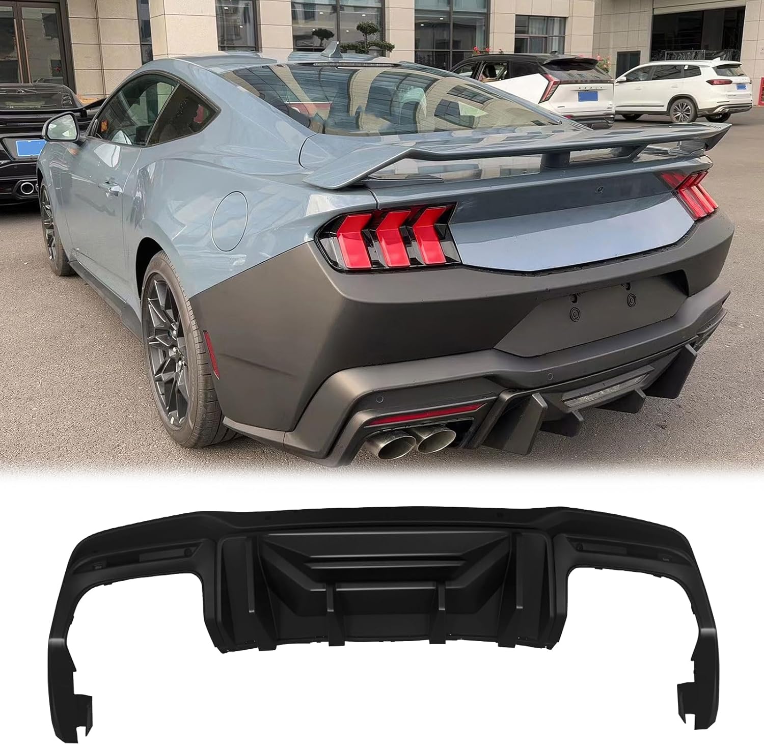 FREEMOTOR802 Rear Diffuser Compatible with 2024-2025 Ford Mustang 7th Gen S650, Rock Style Gloss Black PP Rear Bumper Diffuser Lip Added on Bodykit Replacement