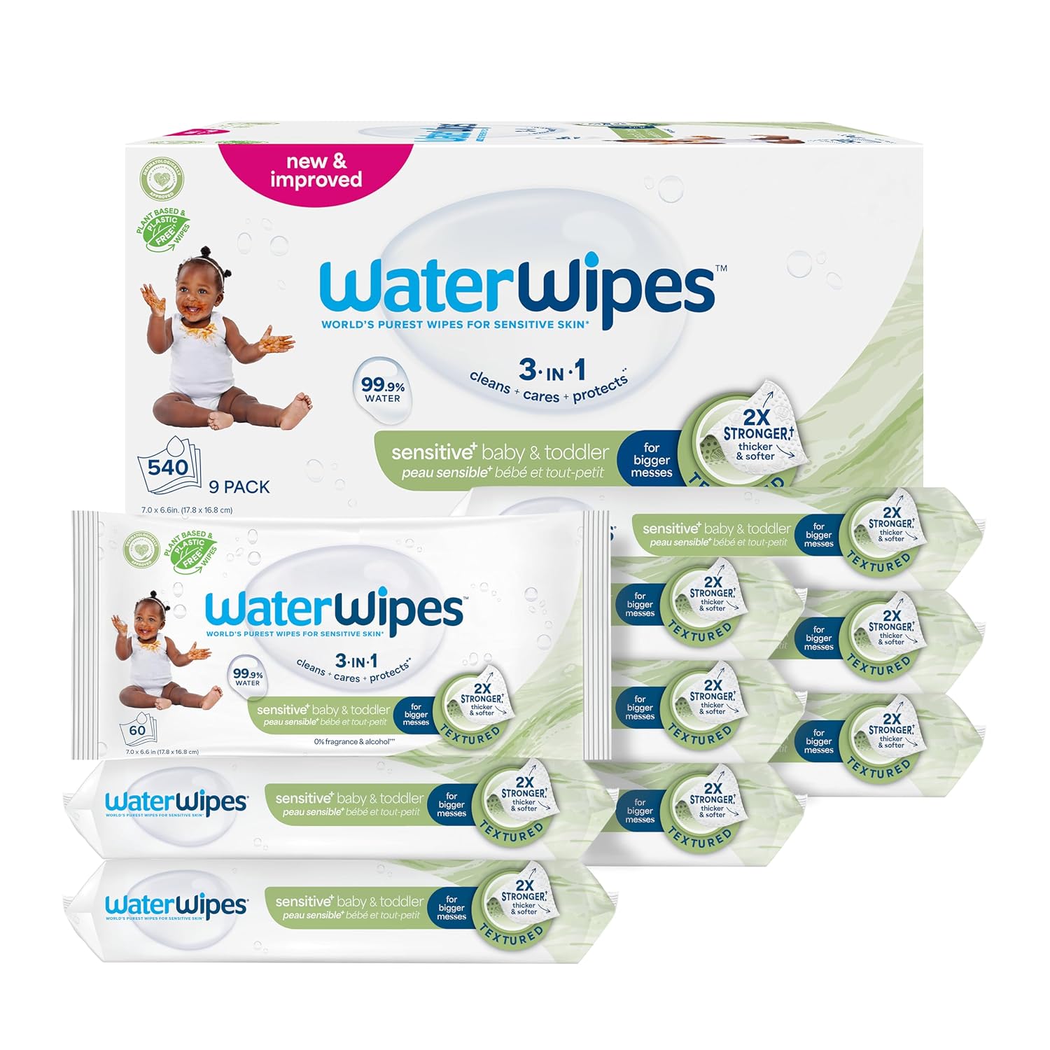 WaterWipes Sensitive+ Baby & Toddler Wipes, 3-In-1 Cleans, Cares, Protects, 99.9% Water, Textured Clean, Unscented & Hypoallergenic, 540 Count (Pack of 9)