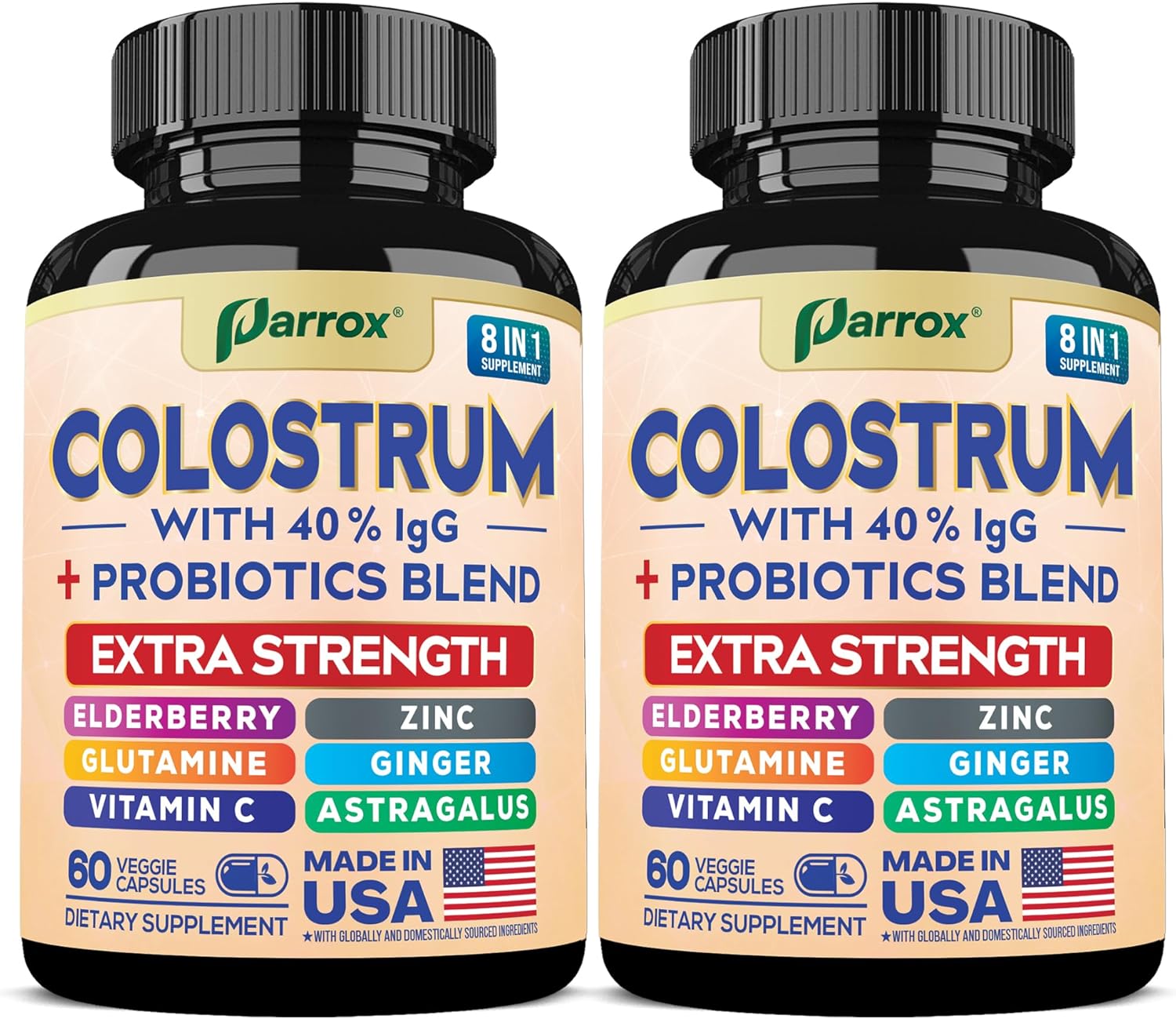 Colostrum Supplement Capsule, Grass Fed Cow Colostrum with 40% IgG, Probiotics Blend, Elderberry, Astragalus, Zinc, Ginger, Vitamin C, L-Glutamine, 8 in 1 Extra Strength Bovine Boost (120 Caps)