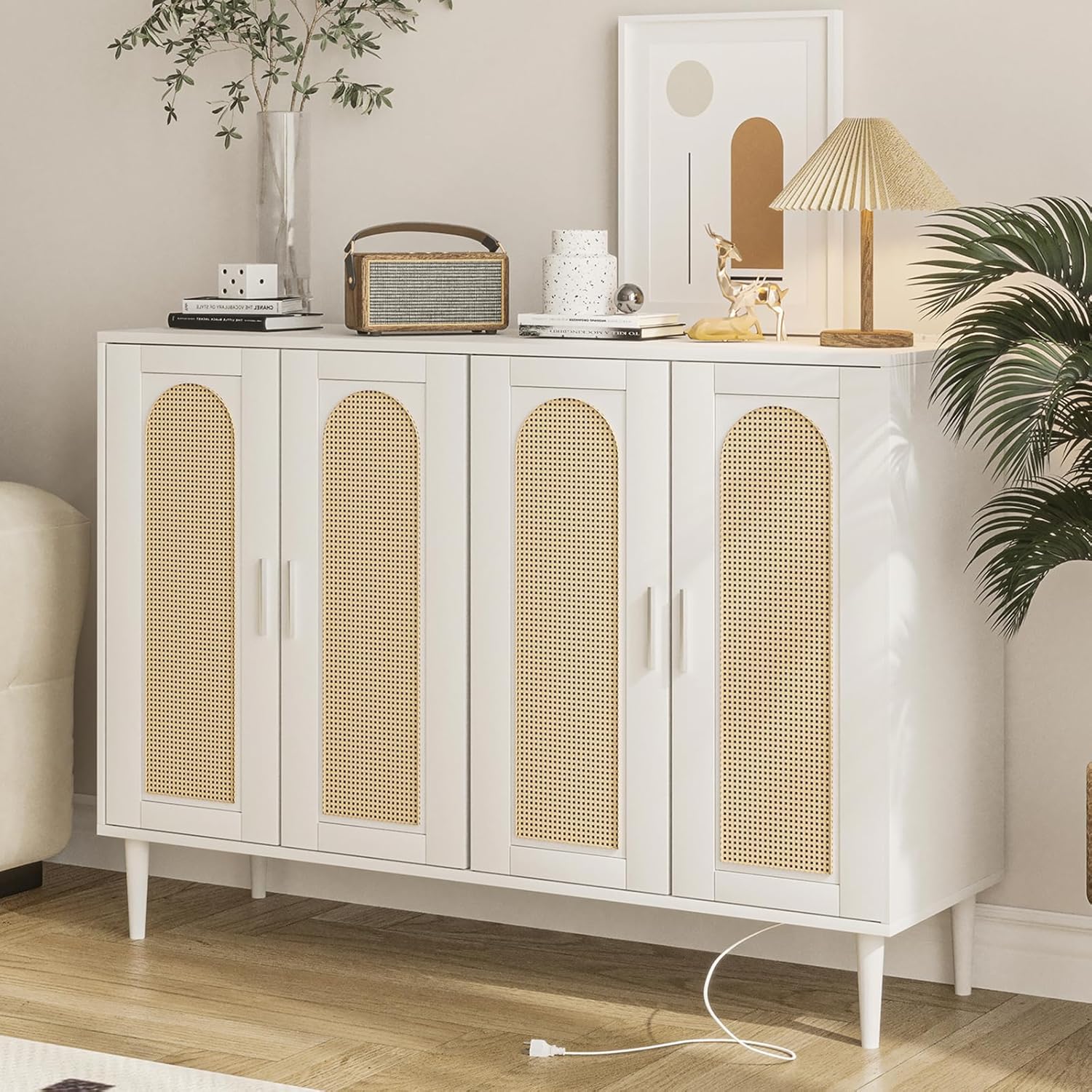 Rattan Sideboard Buffet Cabinet, 4 Doors Accent Storage Cabinet, Console Table Coffee Bar with Power Outlet, Adjustable Shelves for Kitchen, Dining Room, Hallway, Living Room, White