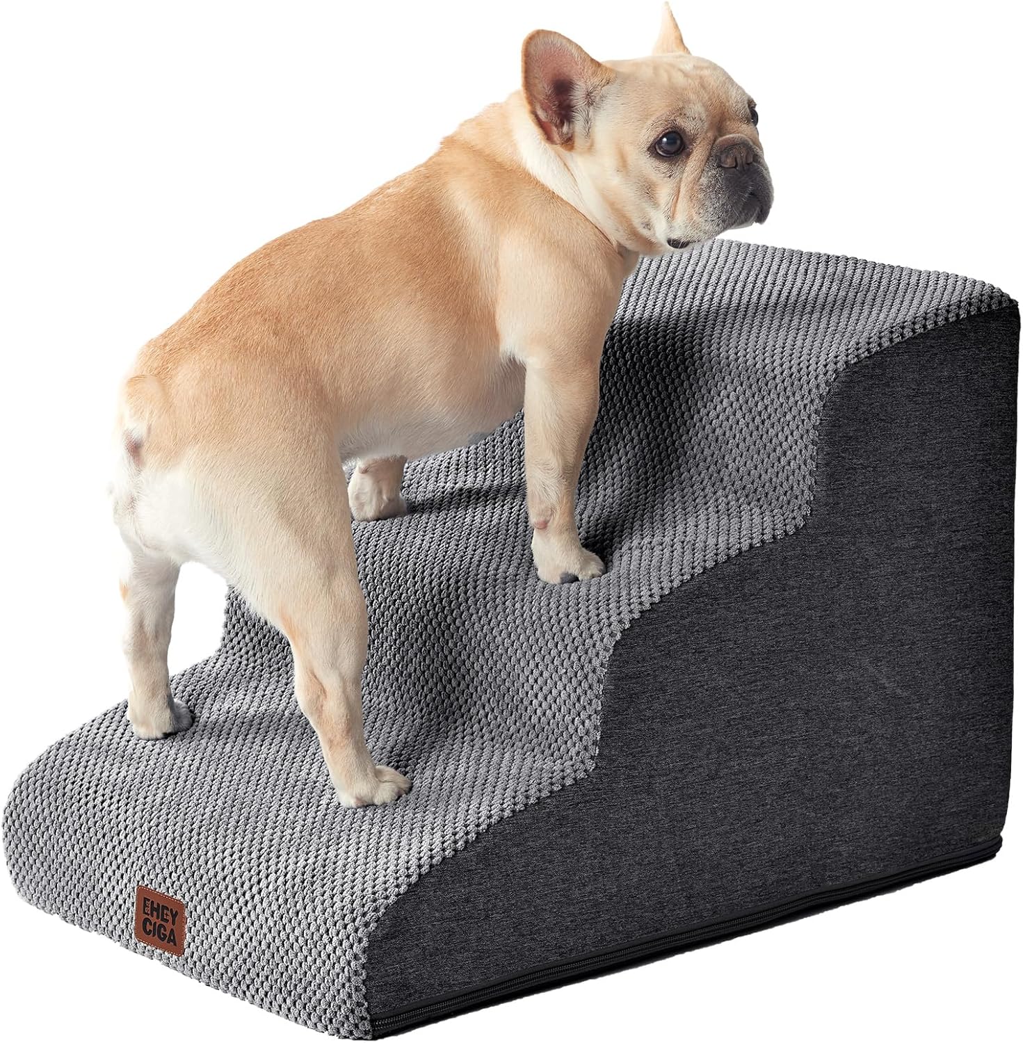 EHEYCIGA Curved Dog Steps for Bed, 3-Step Dog Stairs for Sofa, High Density Foam Pet Steps for Small Dogs and Cats, Pet Stairs for Couch, Non-Slip Dog Ramp with Washable Cover, 40x57x40cm, Dark Gray