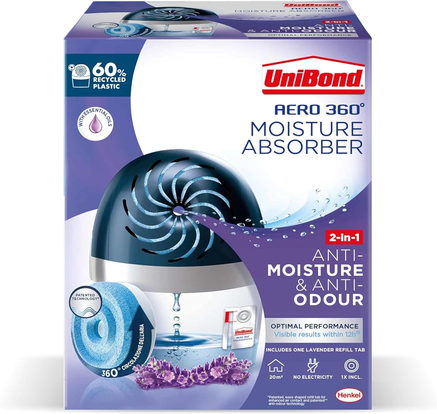UniBond AERO 360º Lavender Moisture Absorber, 1 Device incl. 1 Lavender Refill Tab 450g, Ultra-Absorbent Dehumidifier, Helps to Prevent Condensation, Mould & Musty Smells, Recyclable and Refillable