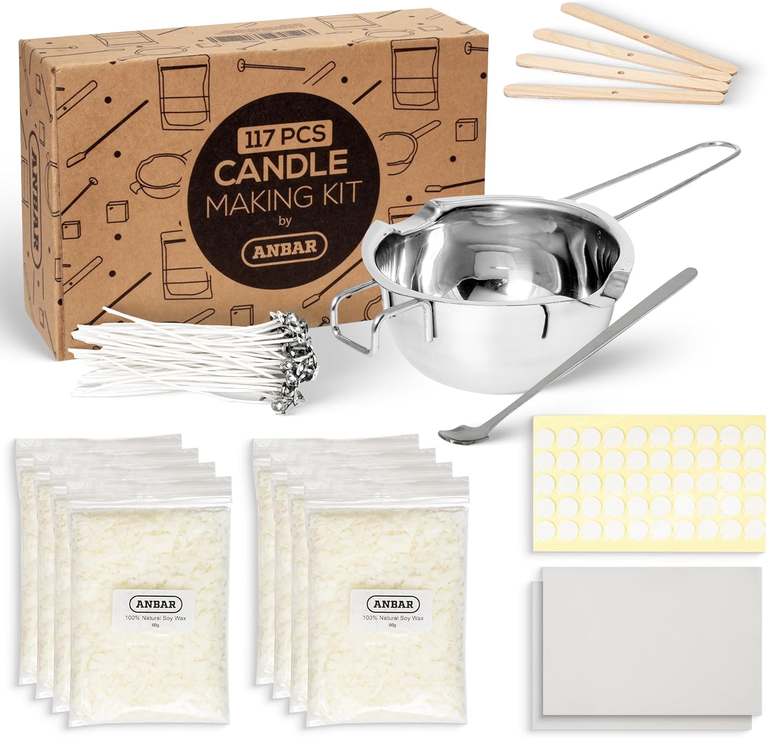 Anbar Candle Making Kit - Supplies Include 480g Soy Wax Flakes, Stainless Steel Heating Jug, Spoon, Centering Wood, Waxed Candle Wicks, Stickers and Magic Paper for Adults, Beginners, Kids